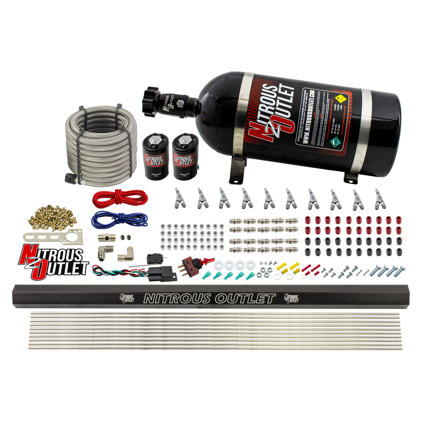 Nitrous Outlet 10 Cylinder Direct Port System - .122 Nitrous Solenoid/.310 Fuel Solenoid/Dual Passage Injection Rail/Annular Discharge Nozzles (E85)(5-7-10 psi)(125-375HP)(15lb Bottle)