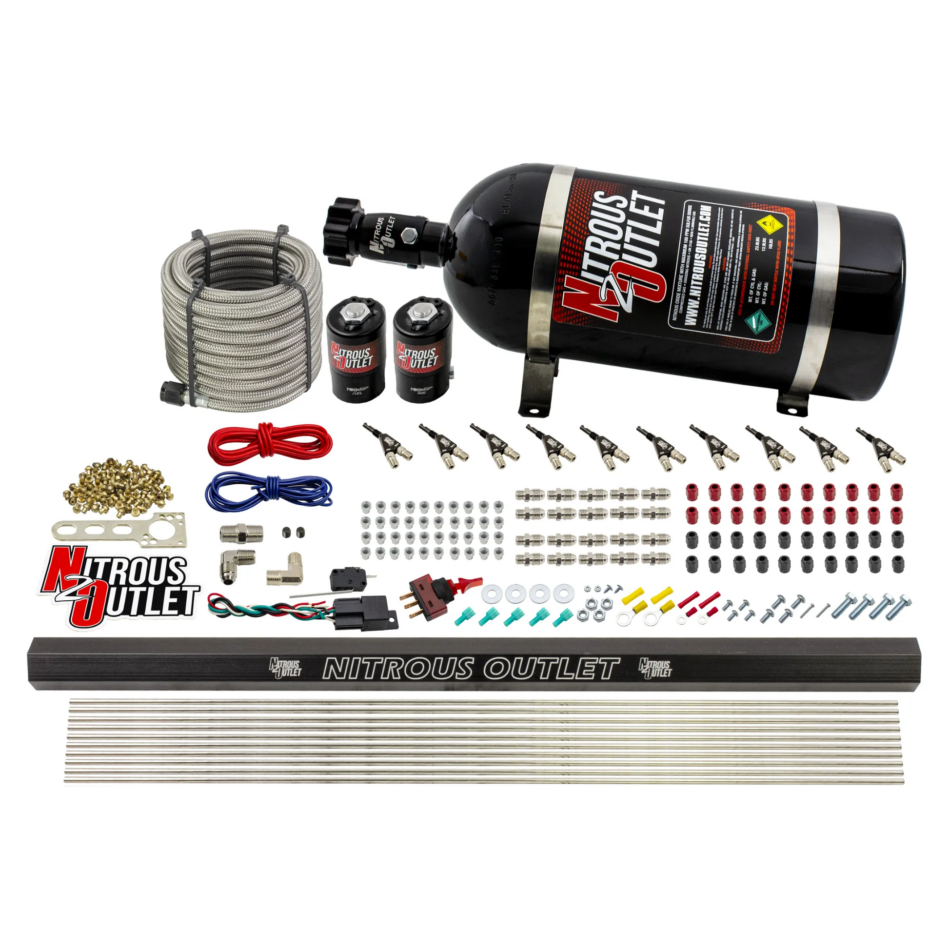 Nitrous Outlet 10 Cylinder Direct Port System - .122 Nitrous Solenoid/.310 Fuel Solenoid/Dual Passage Injection Rail/90 Degree Discharge Nozzles (E85)(45-55 psi)(125-375HP)(No Bottle)