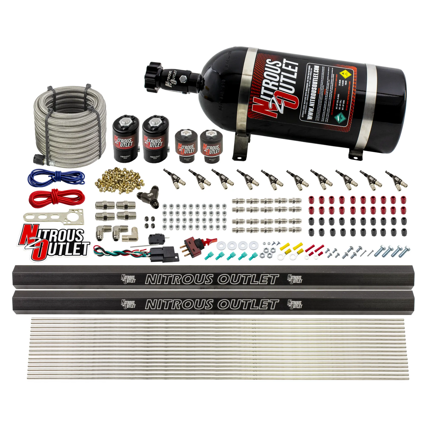 Nitrous Outlet 10 Cylinder Direct Port System - Two .122 Nitrous Solenoid/Two .310 Fuel Solenoid/Two Dual Passage Injection Rail/90 Degree Discharge Nozzles (Alcohol)(5-7-10 psi)(125-375HP)(No Bottle)
