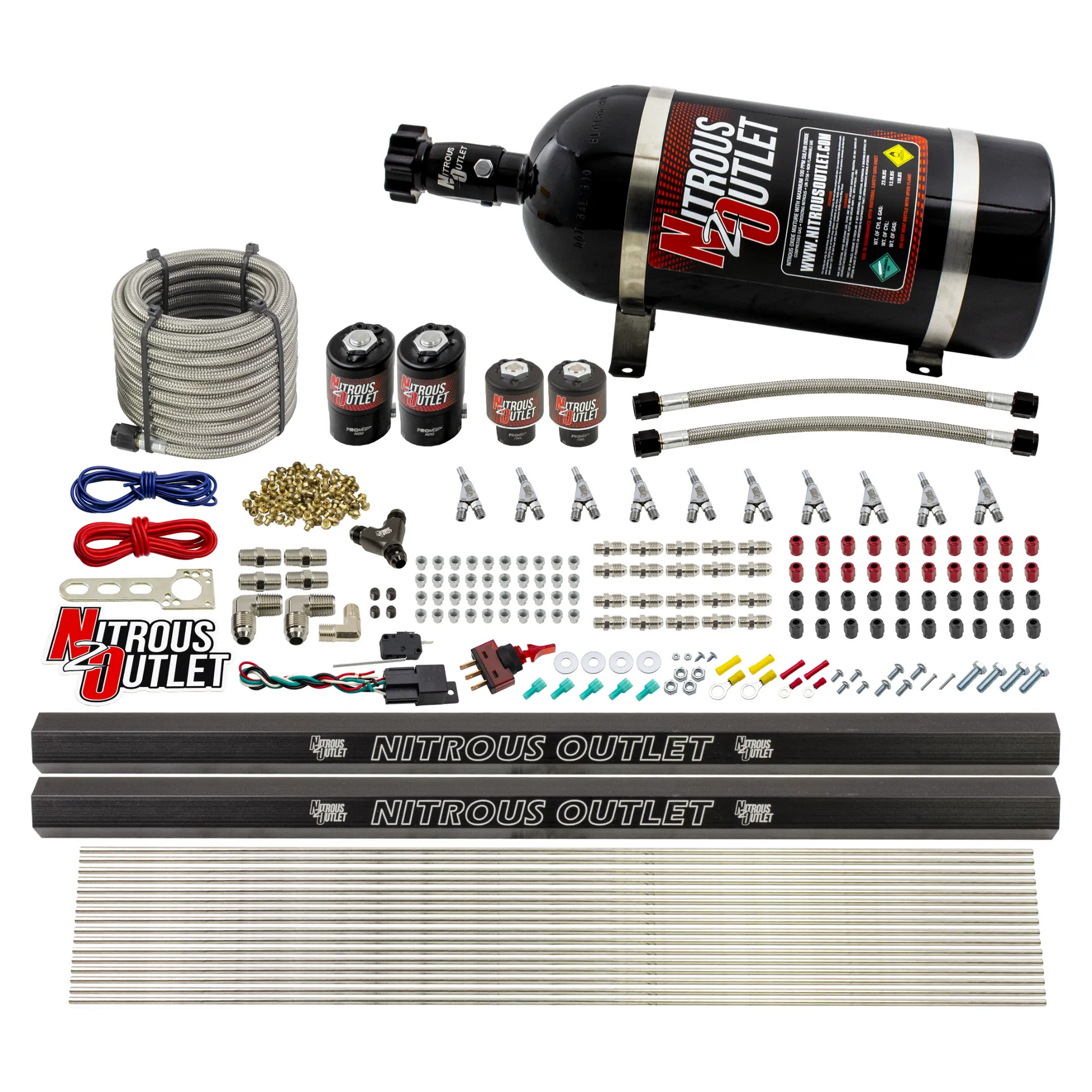 Nitrous Outlet 10 Cylinder Direct Port System - Two .122 Nitrous Solenoid/Two .177 Fuel Solenoid/Two Dual Passage Injection Rail/Annular Discharge Nozzles (Alcohol)(5-7-10 psi)(125-375HP)(15lb Bottle)