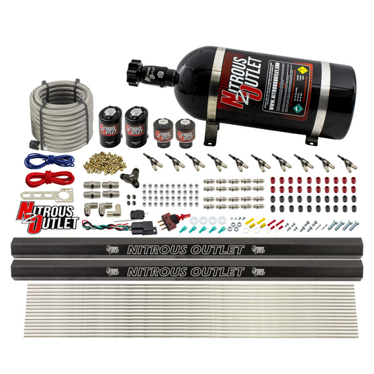 Nitrous Outlet 10 Cylinder Direct Port System - Two .122 Nitrous Solenoid/Two .177 Fuel Solenoid/Two Dual Passage Injection Rail/90 Degree Discharge Nozzles (Gas)(5-7-10 psi)(125-375HP)(10lb Bottle)