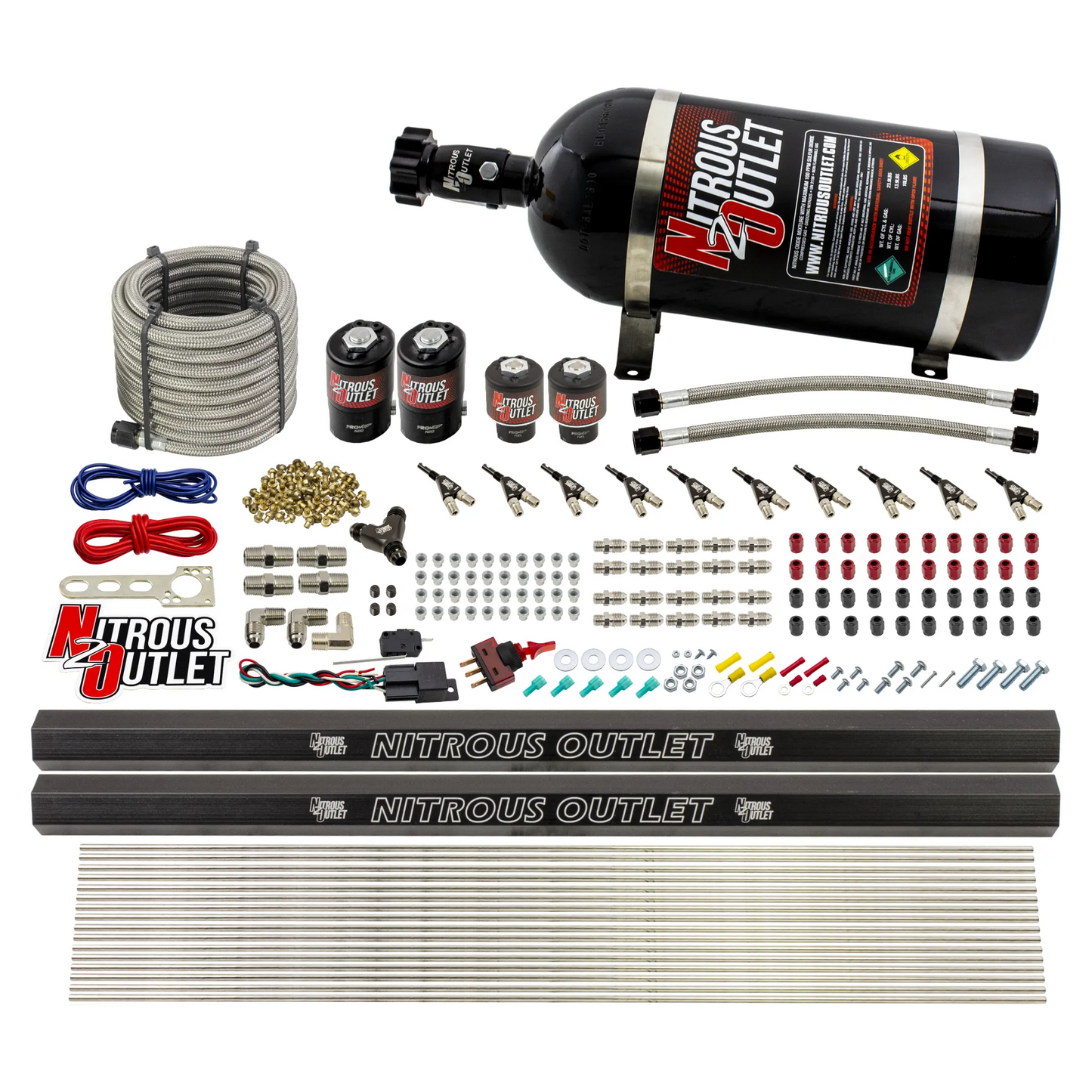 Nitrous Outlet 10 Cylinder Direct Port System - Two .122 Nitrous Solenoid/Two .310 Fuel Solenoid/Two Dual Passage Injection Rail/90 Degree Discharge Nozzles (E85)(45-55 psi)(125-375HP)(No Bottle)