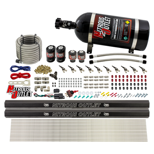 Nitrous Outlet 10 Cylinder Direct Port System - Two .122 Nitrous Solenoid/Two .310 Fuel Solenoid/Two Dual Passage Injection Rail/90 Degree Discharge Nozzles (Gas)(45-55 psi)(125-375HP)(12lb Bottle)