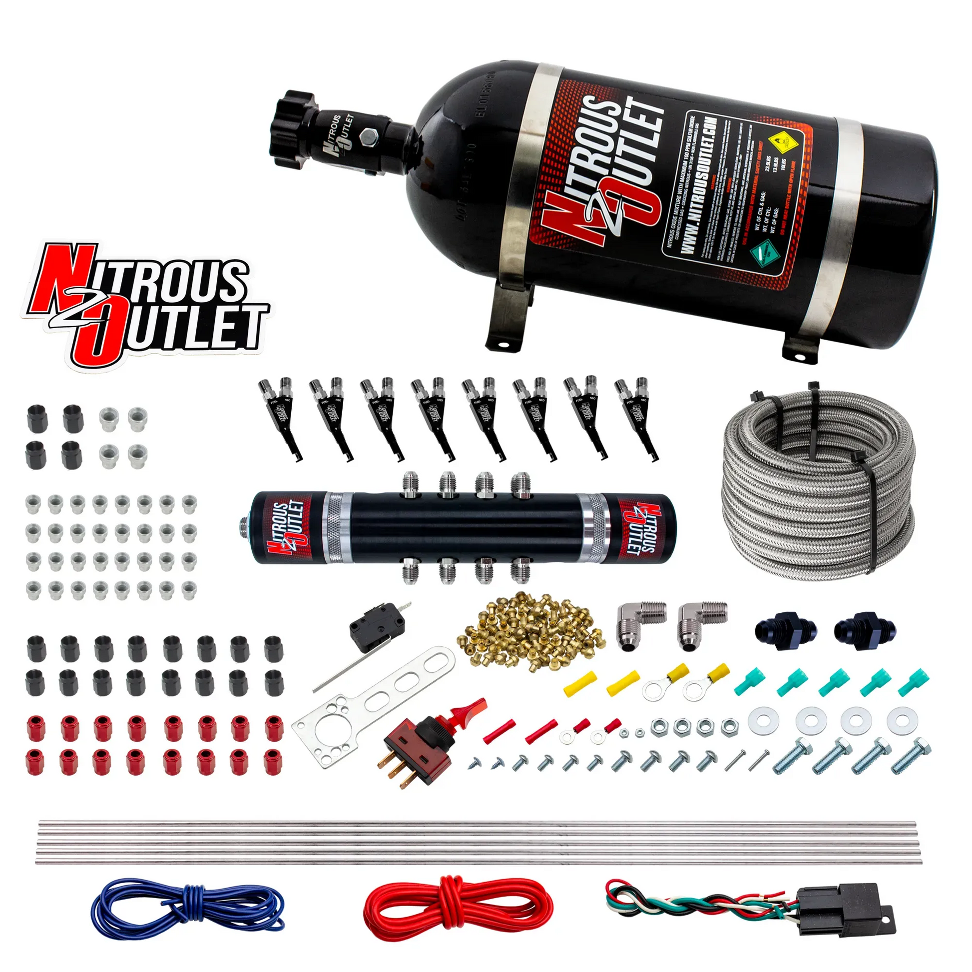Nitrous Outlet 8 Cylinder 'Black Widow' Direct Port System - .122 Nitrous Solenoid/.310 Fuel Solenoid/Solenoid Distribution Block/90 Degree Discharge Nozzles (Gas)(45-55 psi)(100-400 HP)(No Bottle)