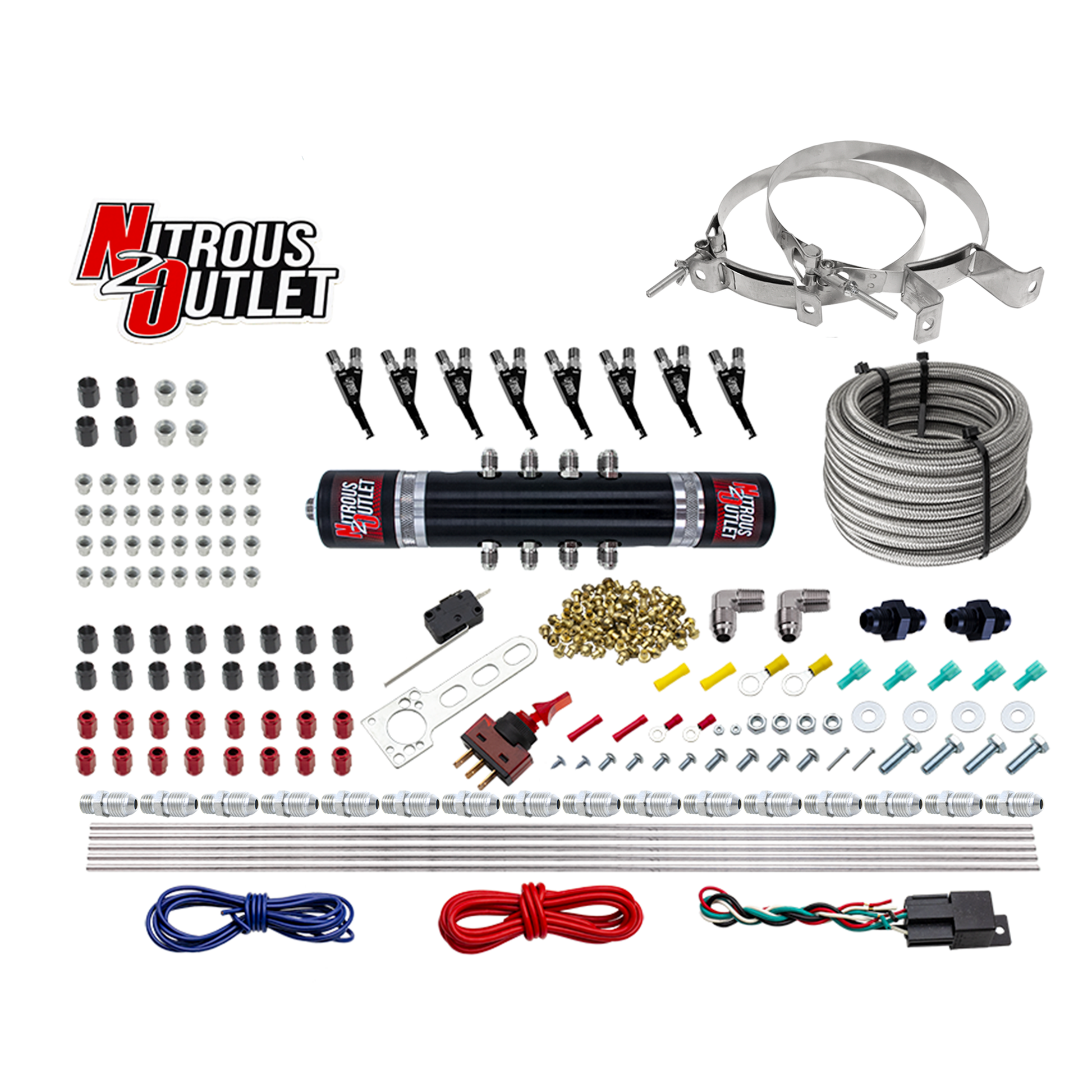 Nitrous Outlet 8 Cylinder 'Black Widow' Direct Port System - .122 Nitrous Solenoid/.310 Fuel Solenoid/Solenoid Distribution Block/90 Degree Discharge Nozzles - E85 (5-7-10 psi)(100-400 HP)(12lb Bottle)