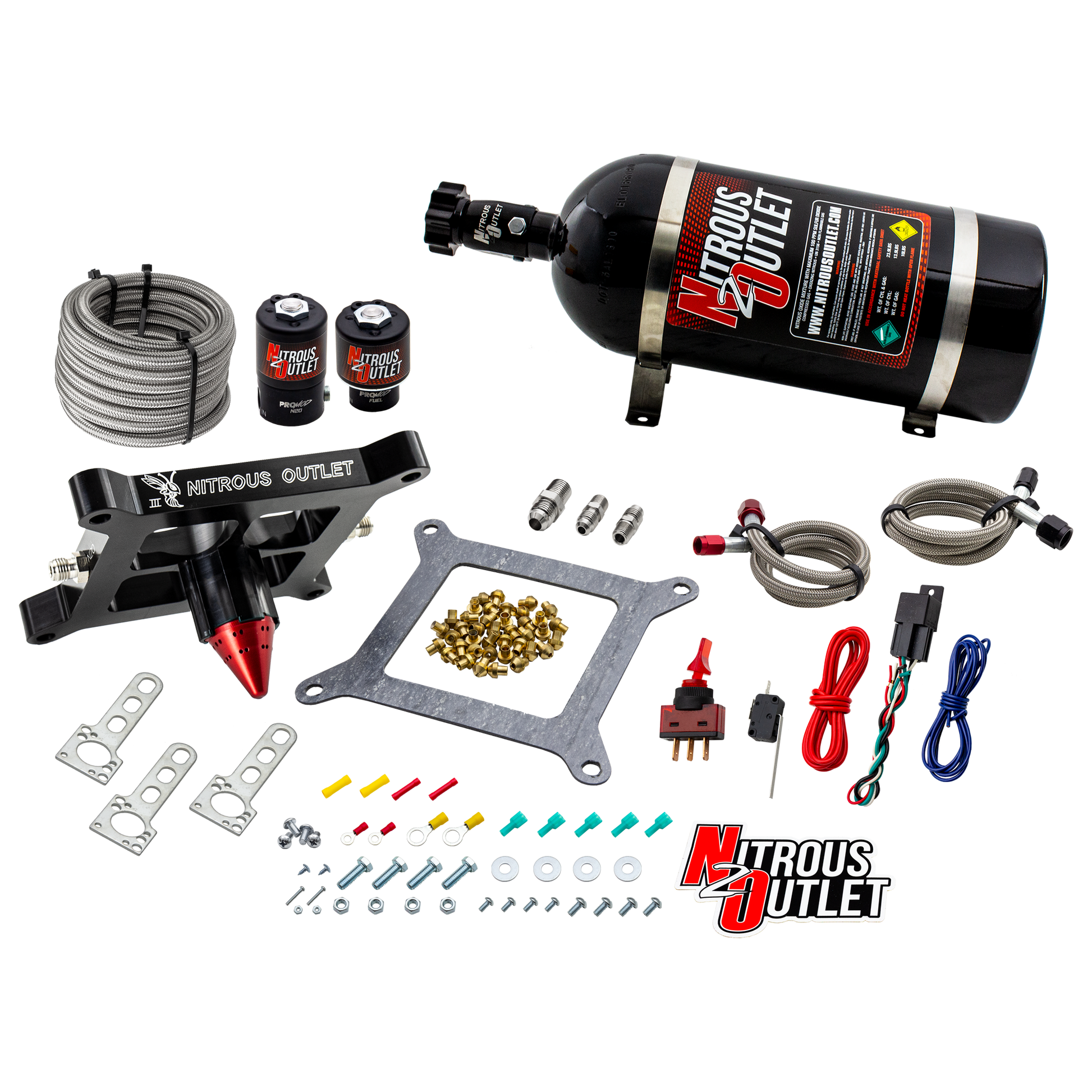 Nitrous Outlet 4150 Stinger 3 System - Braided Hoses/.122 Nitrous Solenoid/.177 Fuel Solenoid/Universal Solenoid Brackets - (Gas/E85)(5-55 psi)(50-500 HP)(12lb Bottle)