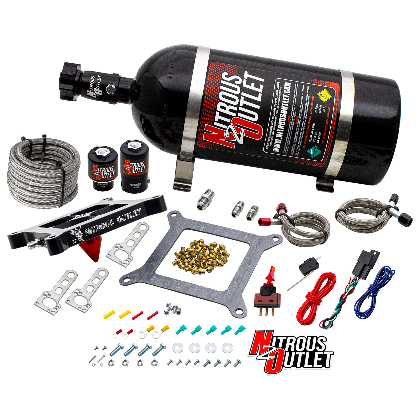 Nitrous Outlet 4150 Stinger 4 System - Braided Hoses/.122 Nitrous Solenoid/.177 Fuel Solenoid/Universal Solenoid Brackets - (Gas/E85)(5-55 psi)(50-500 HP)(No Bottle)