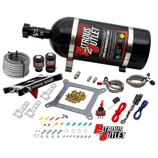 Nitrous Outlet 4150 Stinger 4 System - Braided Hoses/.122 Nitrous Solenoid/.177 Fuel Solenoid/Universal Solenoid Brackets - (Gas/E85)(5-55 psi)(50-500 HP)(15lb Bottle)