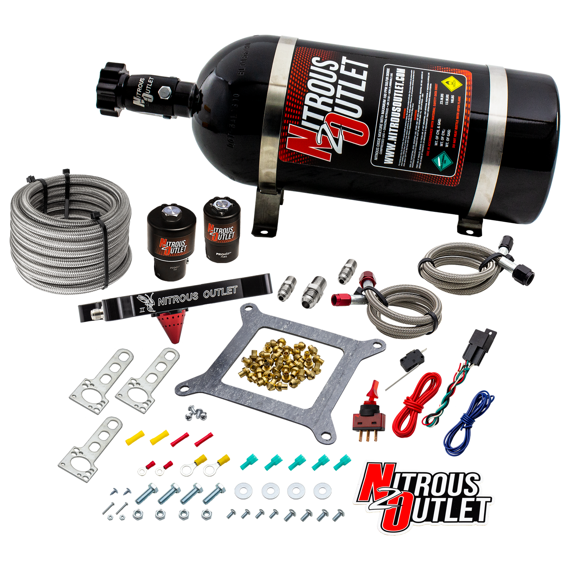 Nitrous Outlet 4150 Stinger 2 Race System - Braided Hoses/.178 Trashcan Nitrous Solenoid/.310 Fuel Solenoid/Universal Solenoid Brackets - (Gas/E85)(5-55 psi)(50-600 HP)(12lb Bottle)