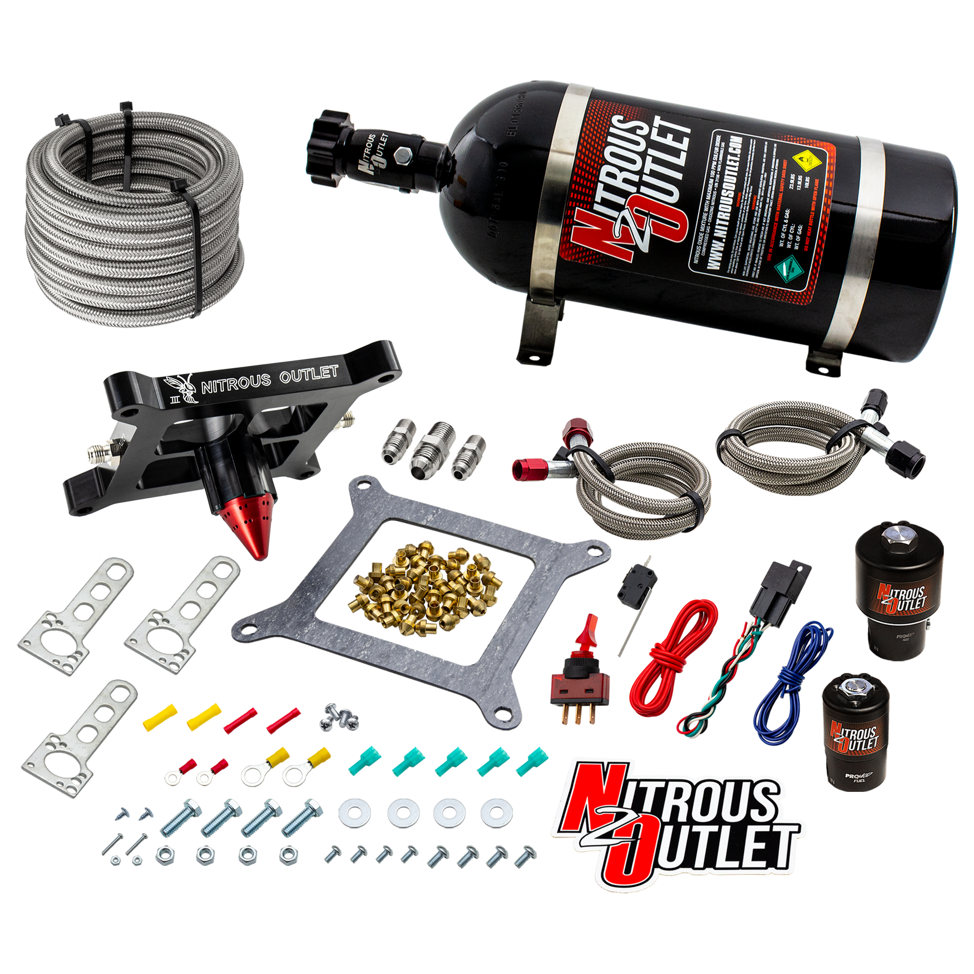 Nitrous Outlet 4150 Stinger 3 Race System - Braided Hoses/.178 Trashcan Nitrous Solenoid/.310 Fuel Solenoid/Universal Solenoid Brackets - (Gas/E85)(5-55 psi)(50-600 HP)(15lb Bottle)