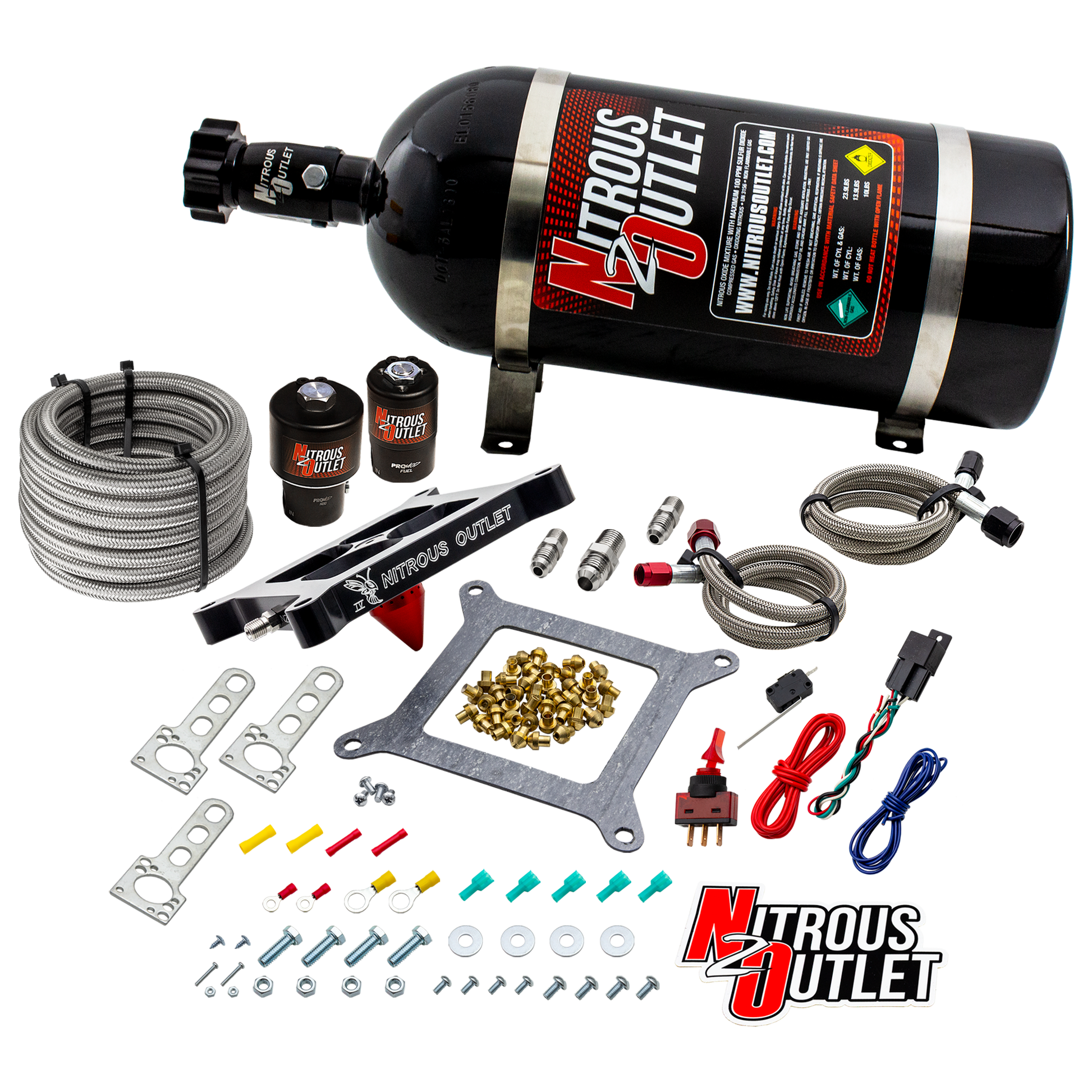 Nitrous Outlet 4150 Stinger 4 Race System - Braided Hoses/.178 Trashcan Nitrous Solenoid/.310 Fuel Solenoid/Universal Solenoid Brackets - (Gas/E85)(5-55 psi)(50-600 HP)(No Bottle)