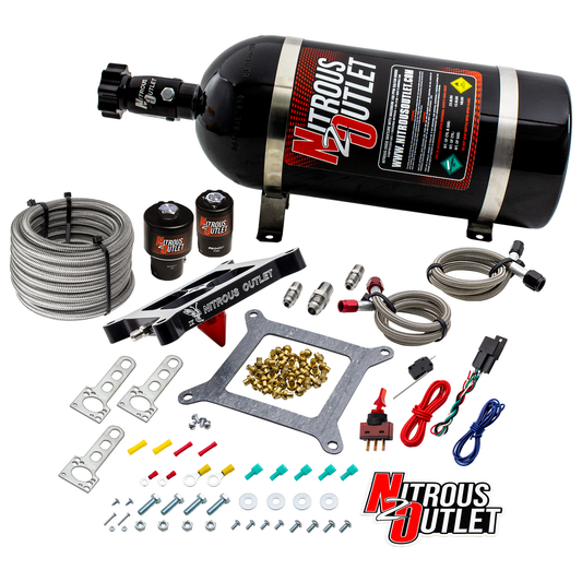 Nitrous Outlet 4150 Stinger 4 Race System - Braided Hoses/.178 Trashcan Nitrous Solenoid/.310 Fuel Solenoid/Universal Solenoid Brackets - (Gas/E85)(5-55 psi)(50-600 HP)(12lb Bottle)