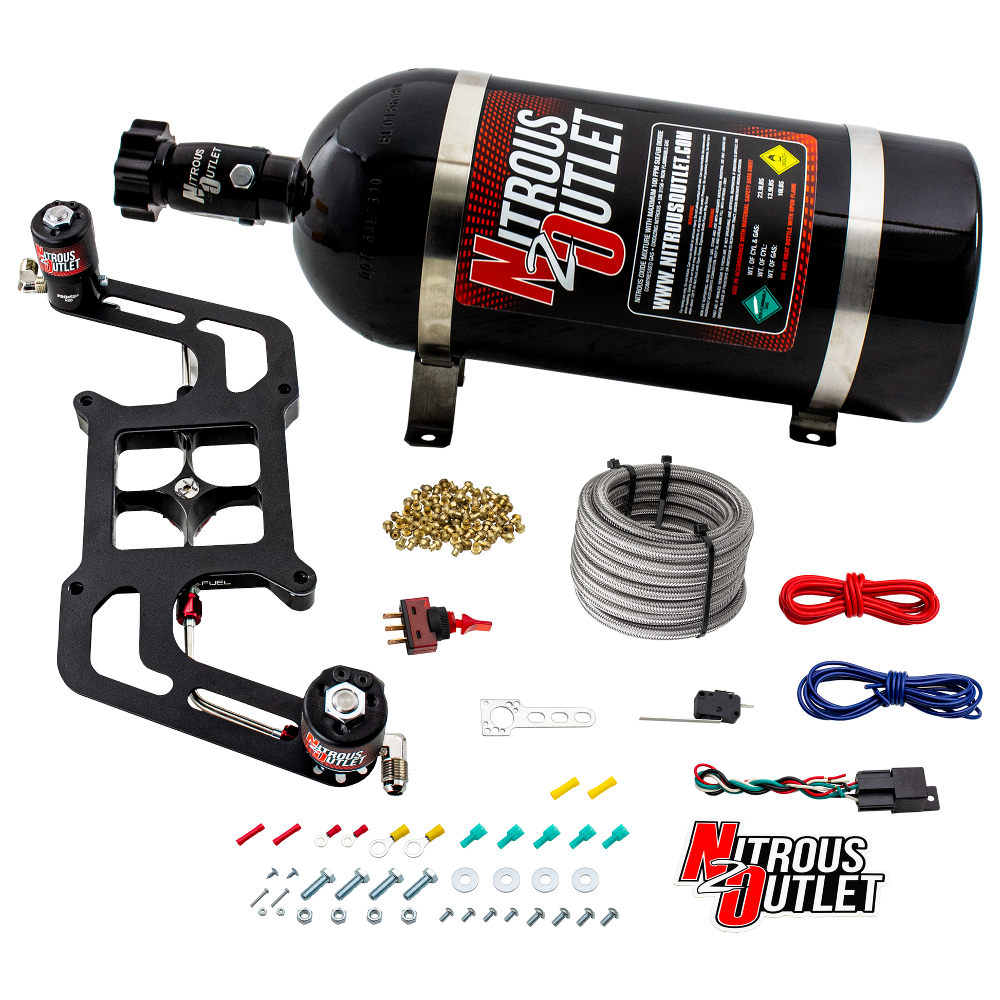 Nitrous Outlet 4150 Stinger 2 System - Hard-line/.122 Nitrous Solenoid/.177 Fuel Solenoid/Boomerang Solenoid Bracket - (Gas/E85)(5-55 psi)(50-500 HP)(15lb Bottle)