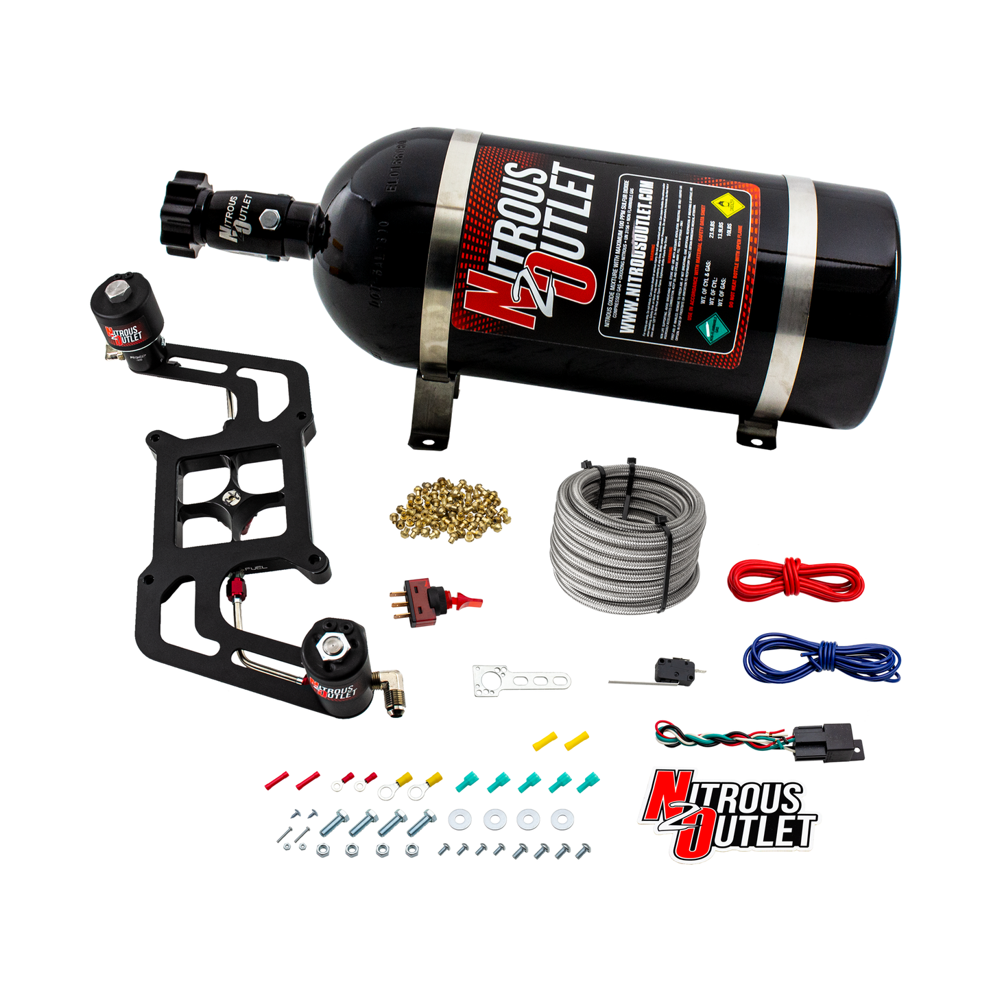 Nitrous Outlet 4150 Stinger 3 Race System - Hard-line/.178 Trashcan Nitrous Solenoid/.310 Fuel Solenoid/Boomerang Solenoid Bracket - (Gas/E85)(5-55 psi)(50-600 HP)(15lb Bottle)