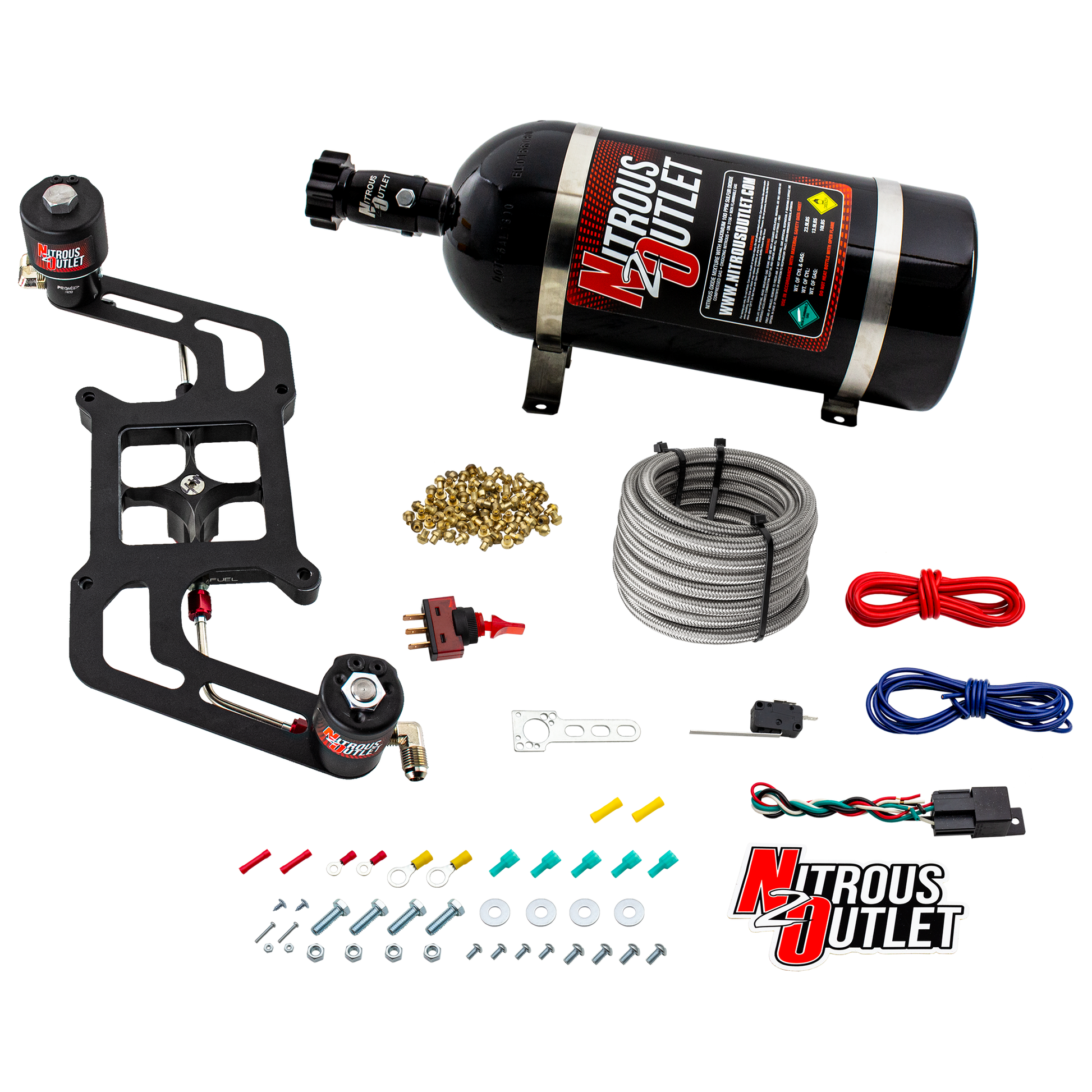 Nitrous Outlet 4150 Stinger 3 Race System - Hard-line/.178 Trashcan Nitrous Solenoid/.310 Fuel Solenoid/Boomerang Solenoid Bracket - (Gas/E85)(5-55 psi)(50-600 HP)(12lb Bottle)