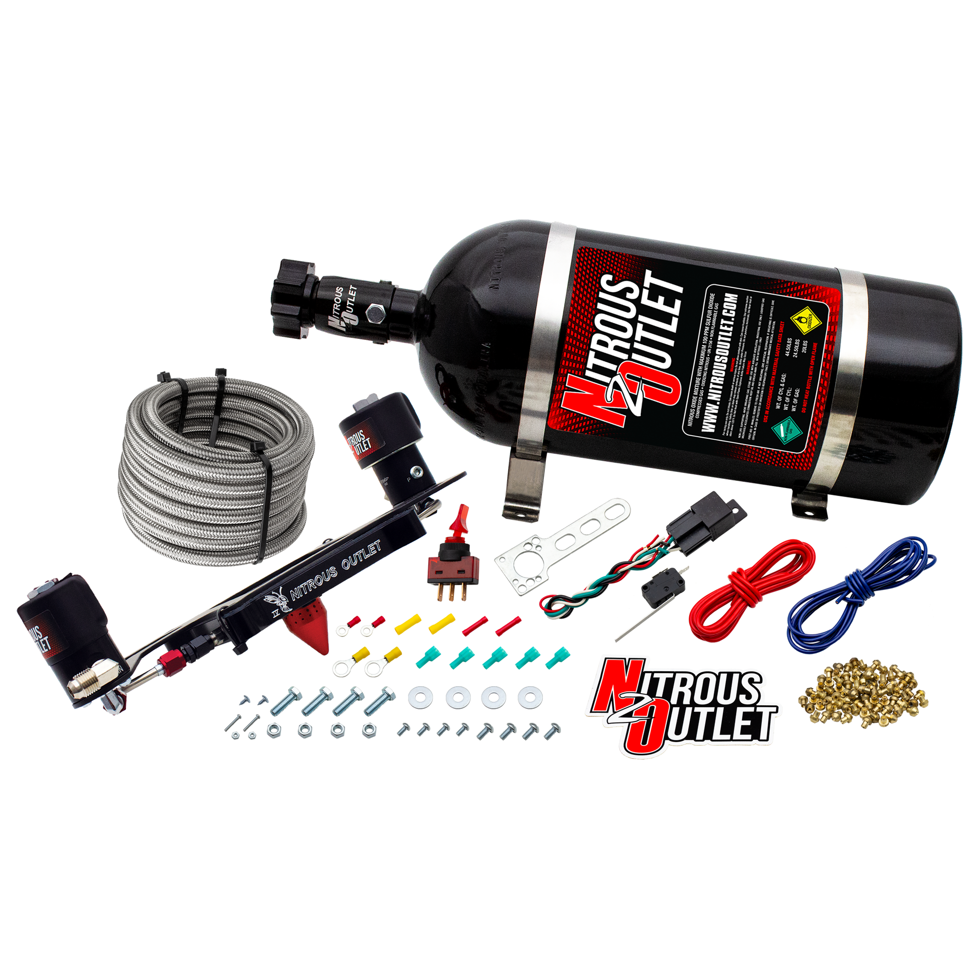 Nitrous Outlet 4150 Stinger 4 Race System - Hard-line/.178 Trashcan Nitrous Solenoid/.310 Fuel Solenoid/Boomerang Solenoid Bracket - (Gas/E85)(5-55 psi)(50-600 HP)(12lb Bottle)