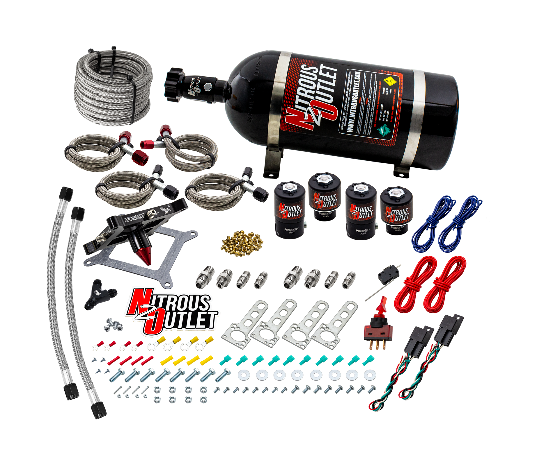 Nitrous Outlet 4150  Hornet 3 Dual Stage System - Two .122 Nitrous Solenoids/Two .177 Fuel Solenoids/Universal Solenoid Brackets - (Gas/E85)(5-55 psi)(50-500 HP Per Stage)(No Bottle)
