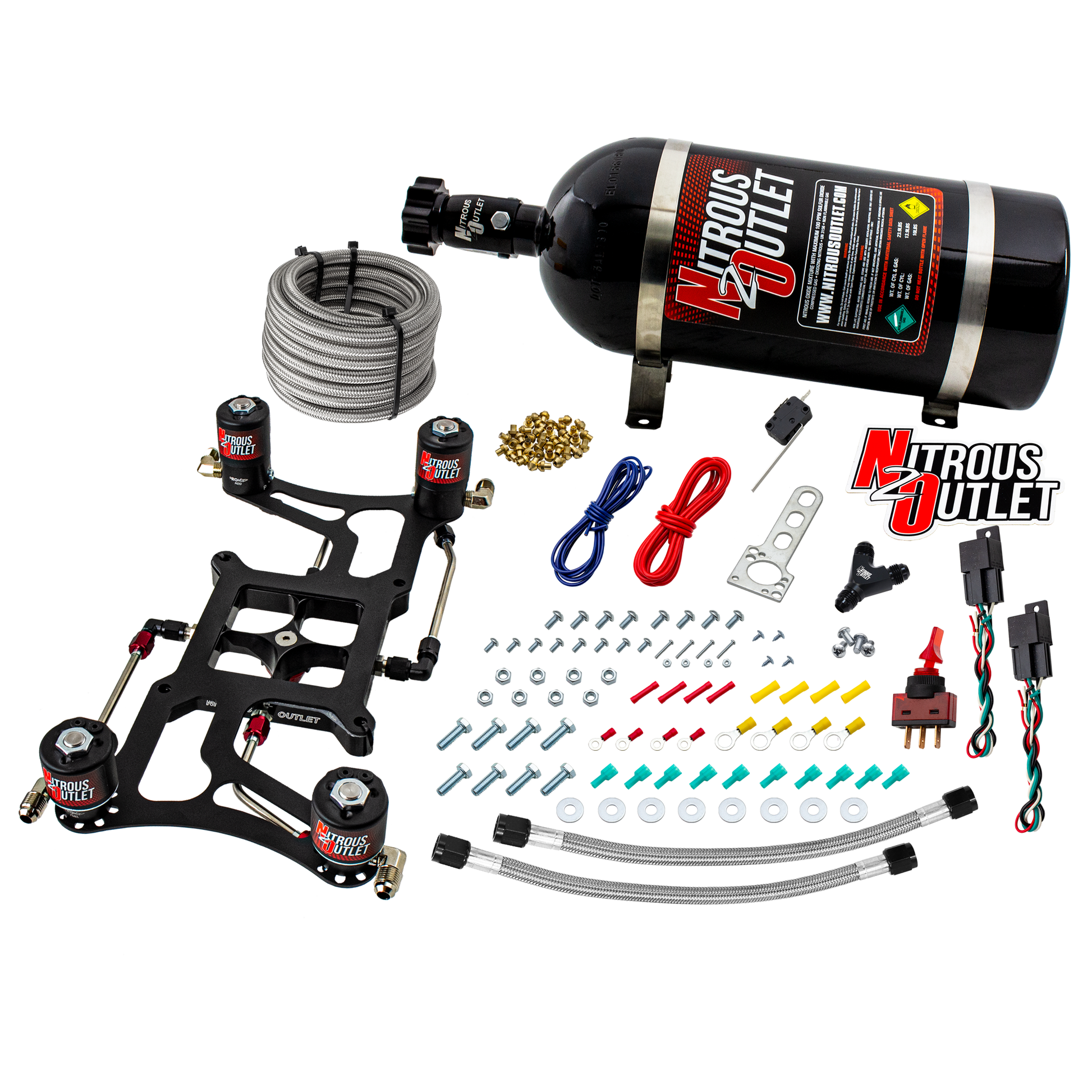 Nitrous Outlet 4150 Hornet 2 Dual Stage System - Hard-line/Two .122 Nitrous Solenoids/Two .177 Fuel Solenoids/Four Solenoid Boomerang Bracket - (Gas/E85)(5-55 psi)(50-500 HP Per Stage)(12lb Bottle)