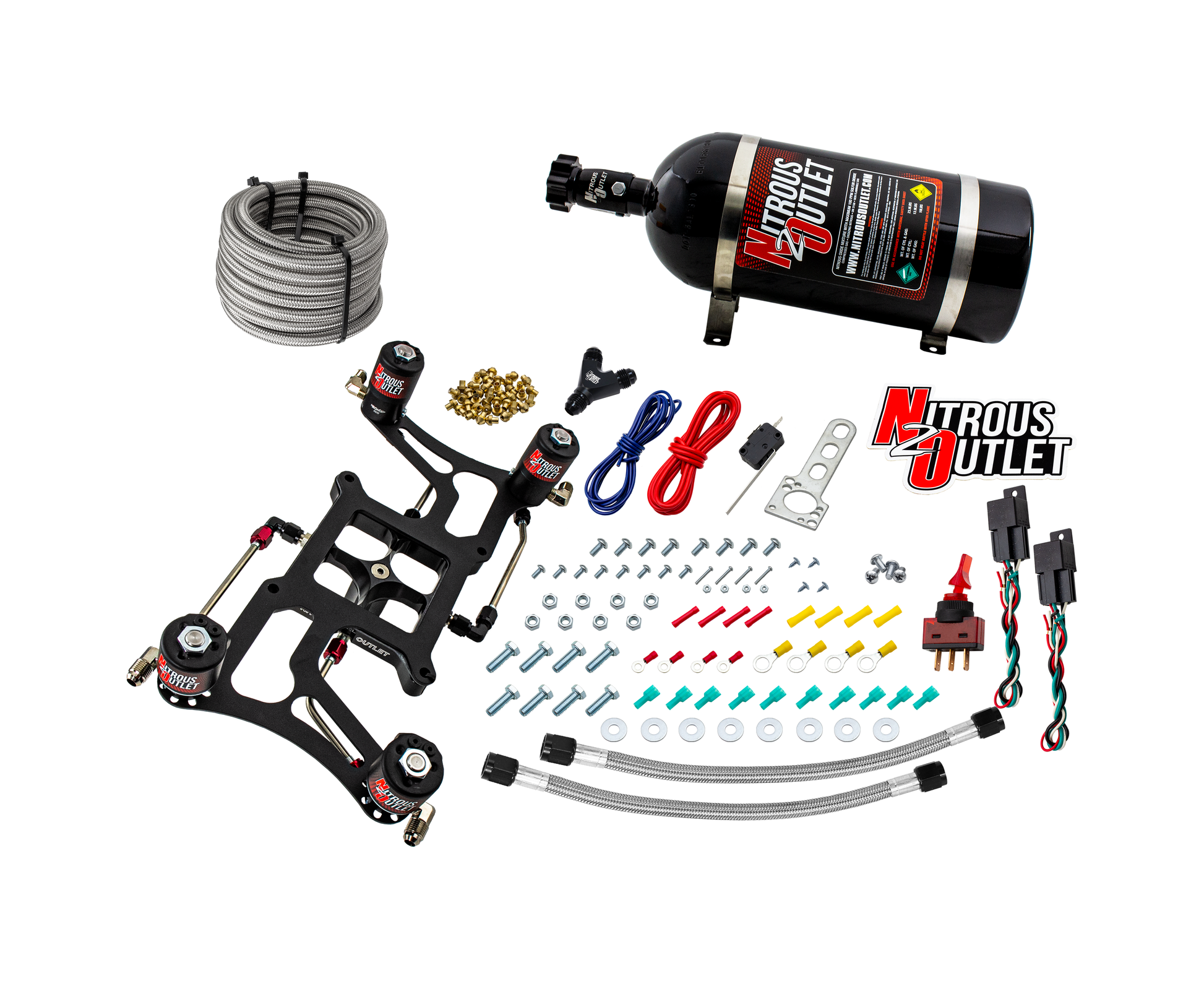 Nitrous Outlet 4150 Hornet 3 Dual Stage System - Hard-line/Two .122 Nitrous Solenoids/Two .177 Fuel Solenoids/Four Solenoid Boomerang Bracket - (Gas/E85)(5-55 psi)(50-500 HP Per Stage)(15lb Bottle)
