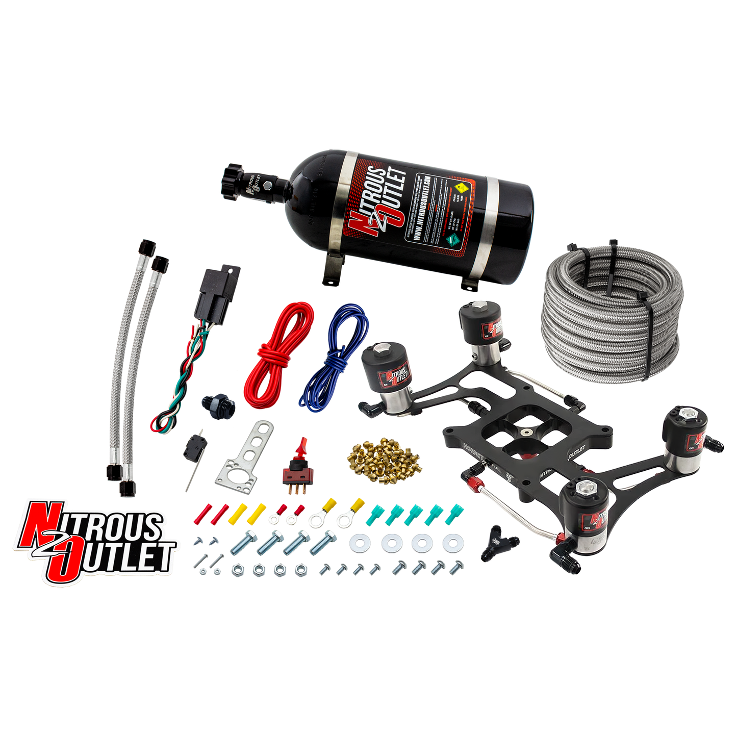 Nitrous Outlet 4150 Hornet 3 Race Dual Stage System - Hard-line/Two .178 Trashcan Nitrous Solenoids/Two .310 Fuel Solenoids/Four Solenoid Boomerang Bracket - (Gas/E85)(5-55 psi)(50-600 HP Per Stage)(No Bottle)