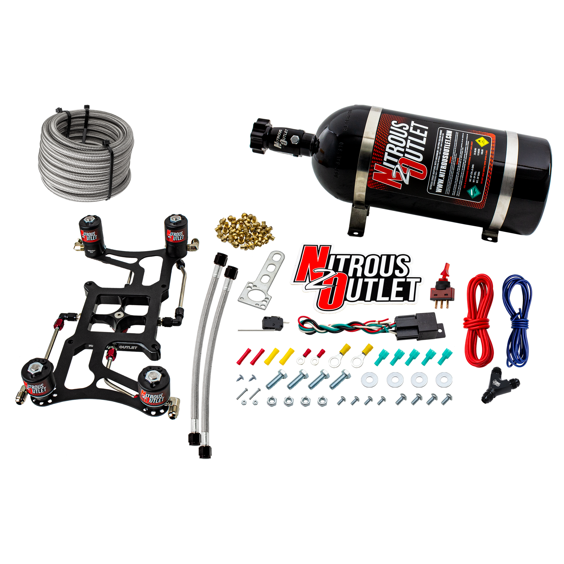 Nitrous Outlet 4150 Hornet 2 Race Dual Stage System - Hard-line/Two .178 Trashcan Nitrous Solenoids/Two .310 Fuel Solenoids/Four Solenoid Boomerang Bracket - (Gas/E85)(5-55 psi)(50-600 HP Per Stage)(15lb Bottle)