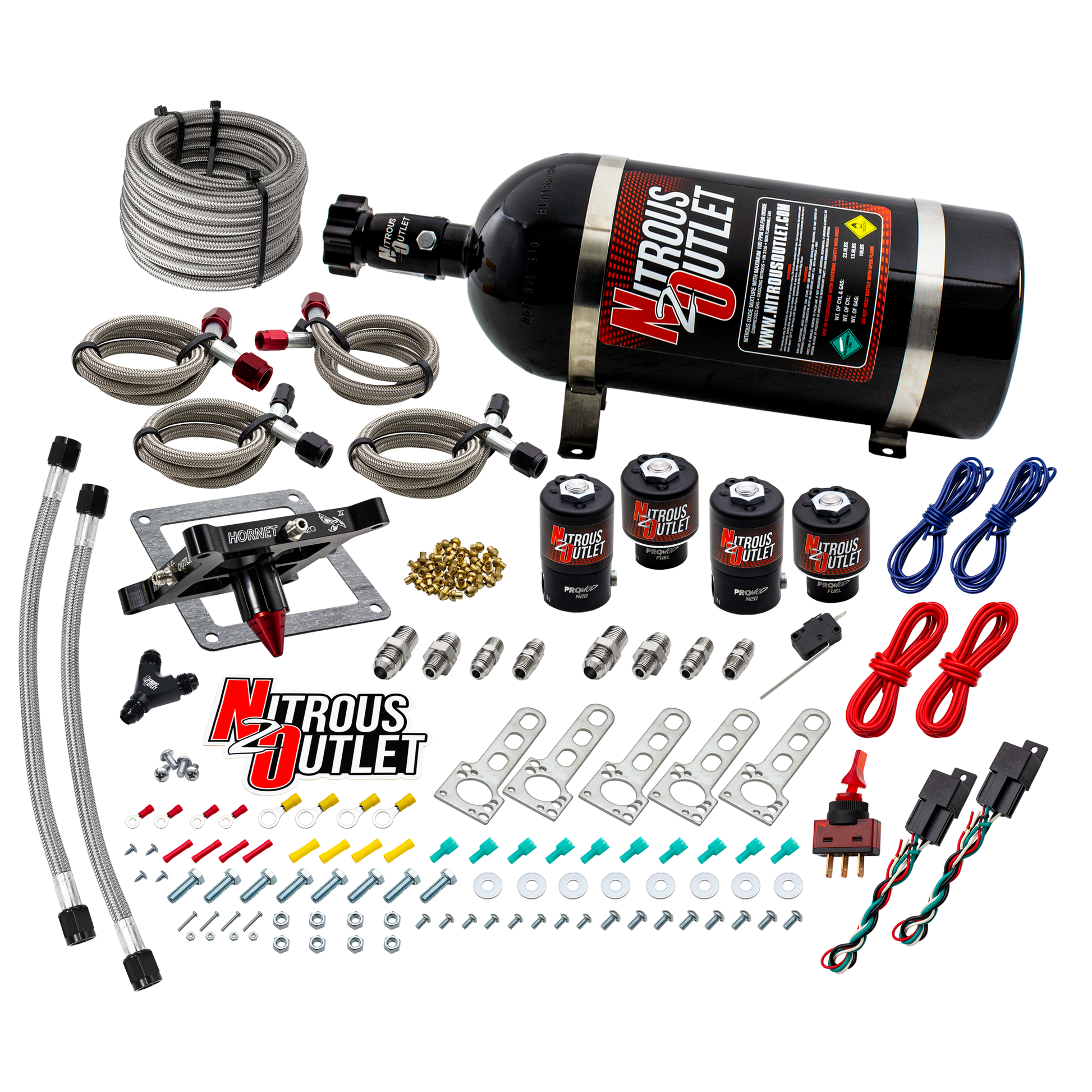 Nitrous Outlet 4500  Hornet 3 Dual Stage System - Two .122 Nitrous Solenoids/Two .177 Fuel Solenoids/Universal Solenoid Brackets - (Gas/E85)(5-55 psi)(50-500 HP Per Stage)(10lb Bottle)