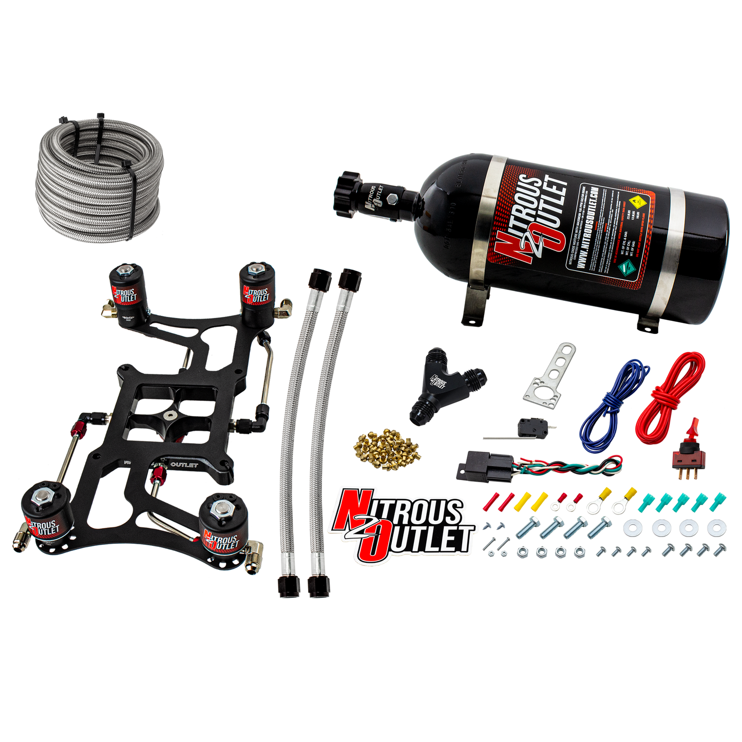 Nitrous Outlet 4500 Hornet 2 Dual Stage System - Hard-line/Two .122 Nitrous Solenoids/Two .177 Fuel Solenoids/Four Solenoid Boomerang Bracket - (Gas/E85)(5-55 psi)(50-500 HP Per Stage)(No Bottle)