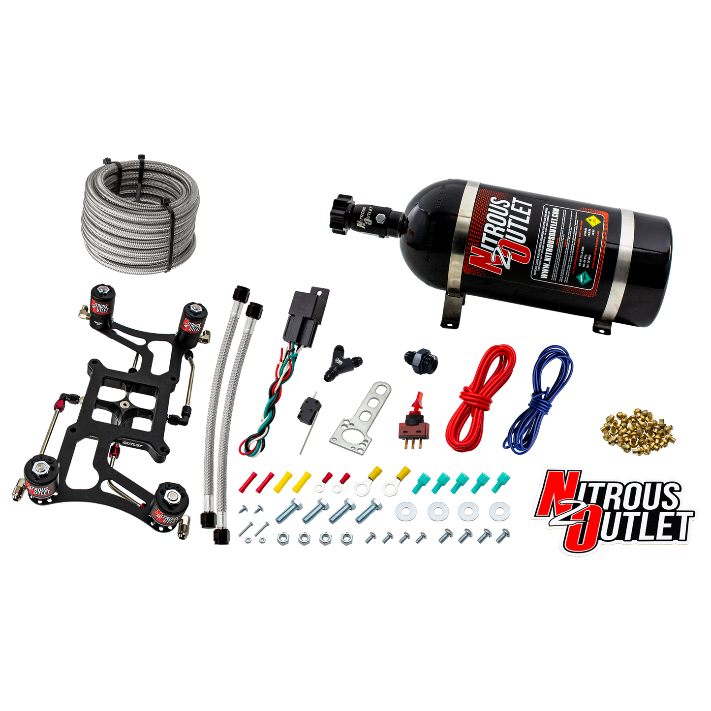 Nitrous Outlet 4500 Hornet 3 Dual Stage System - Hard-line/Two .122 Nitrous Solenoids/Two .177 Fuel Solenoids/Four Solenoid Boomerang Bracket - (Gas/E85)(5-55 psi)(50-500 HP Per Stage)(12lb Bottle)