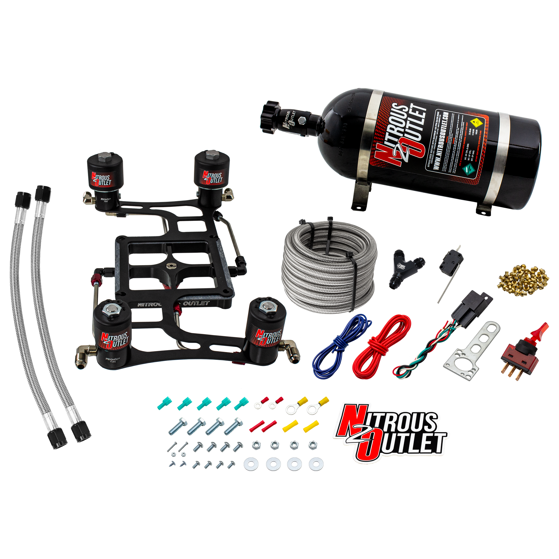 Nitrous Outlet 4500 Hornet 2 Race Dual Stage System - Hard-line/Two .178 Trashcan Nitrous Solenoids/Two .310 Fuel Solenoids/Four Solenoid Boomerang Bracket - (Gas/E85)(5-55 psi)(50-600 HP Per Stage)(No Bottle)