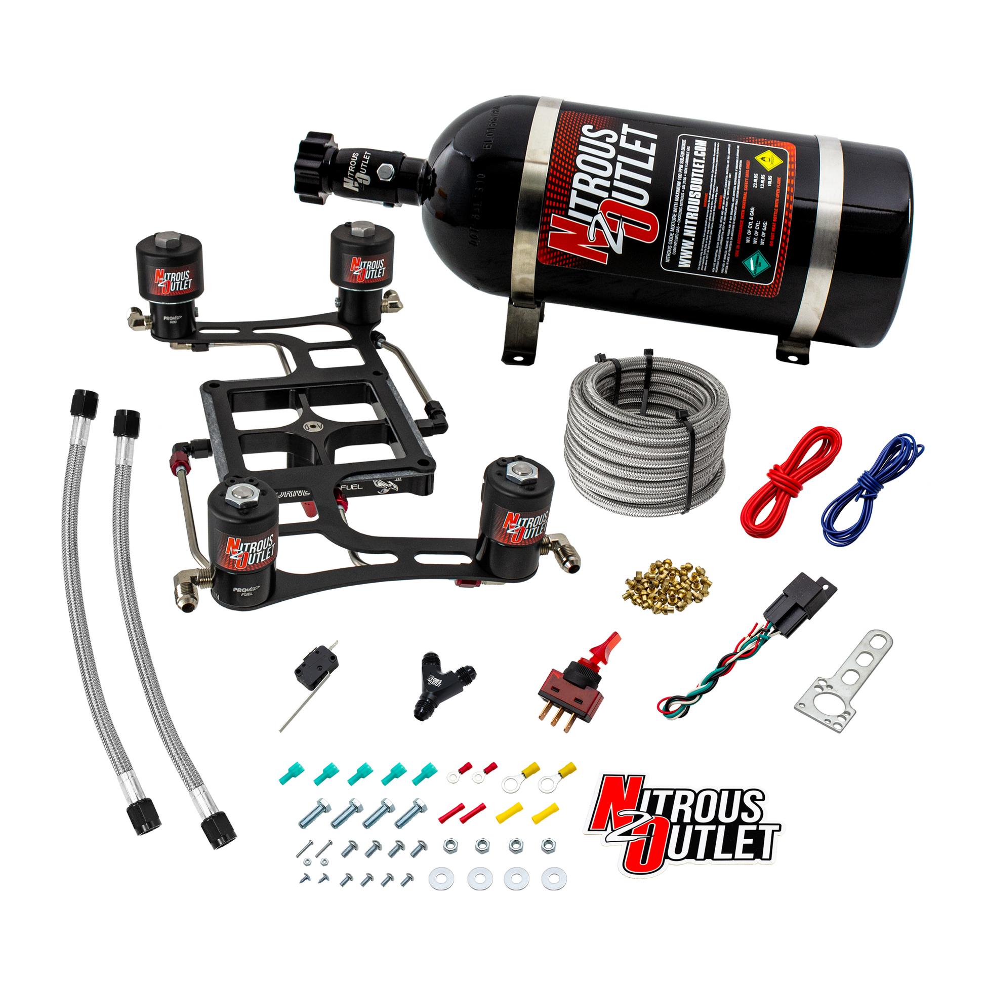 Nitrous Outlet 4500 Hornet 3 Race Dual Stage System - Hard-line/Two .178 Trashcan Nitrous Solenoids/Two .310 Fuel Solenoids/Four Solenoid Boomerang Bracket - (Gas/E85)(5-55 psi)(50-600 HP Per Stage)(15lb Bottle)