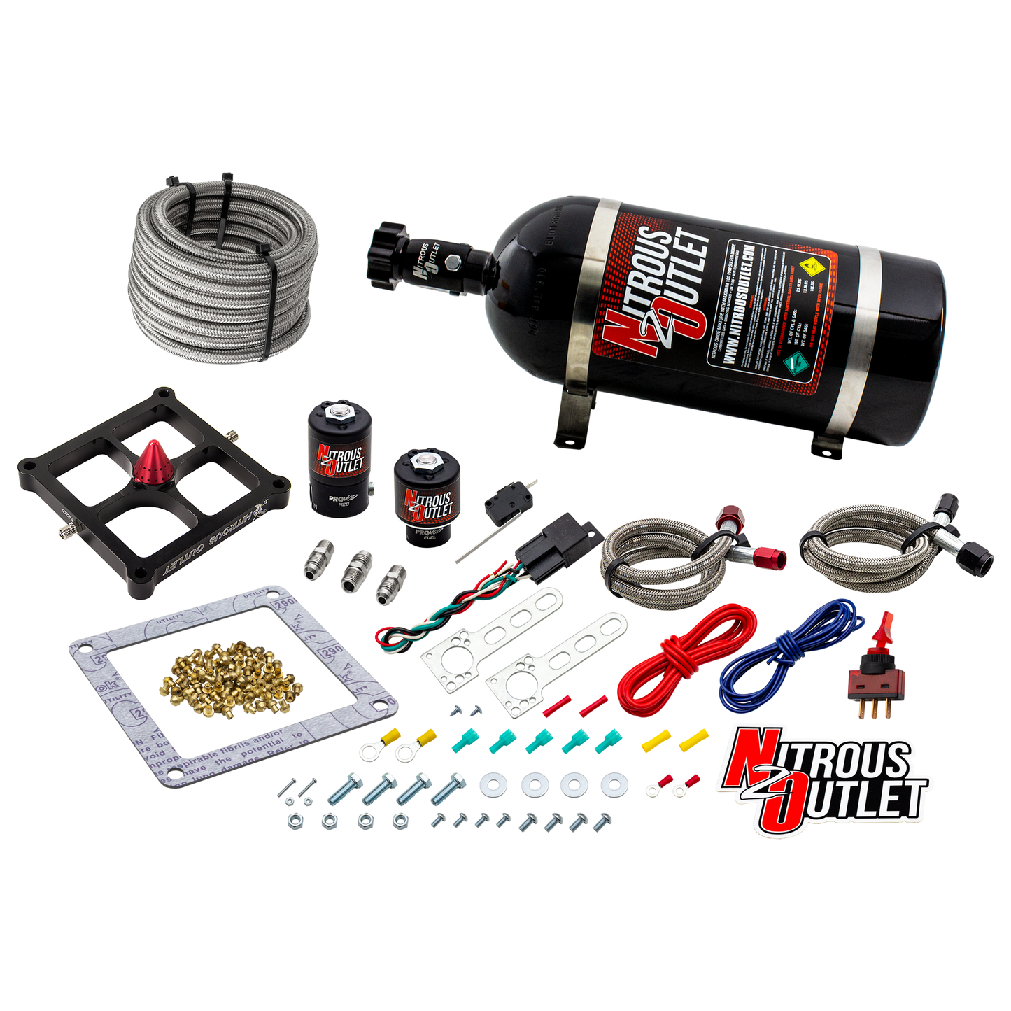 Nitrous Outlet 4500 Stinger 2 System - Braided Hoses/.122 Nitrous Solenoid/.177 Fuel Solenoid/Universal Solenoid Brackets - (Gas/E85)(5-55 psi)(50-500 HP)(12lb Bottle)