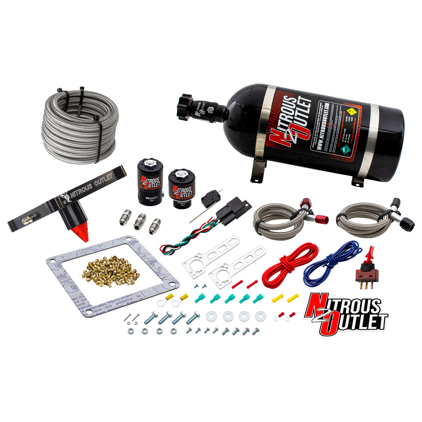 Nitrous Outlet 4500 Stinger 3 System - Braided Hoses/.122 Nitrous Solenoid/.177 Fuel Solenoid/Universal Solenoid Brackets - (Gas/E85)(5-55 psi)(50-500 HP)(15lb Bottle)