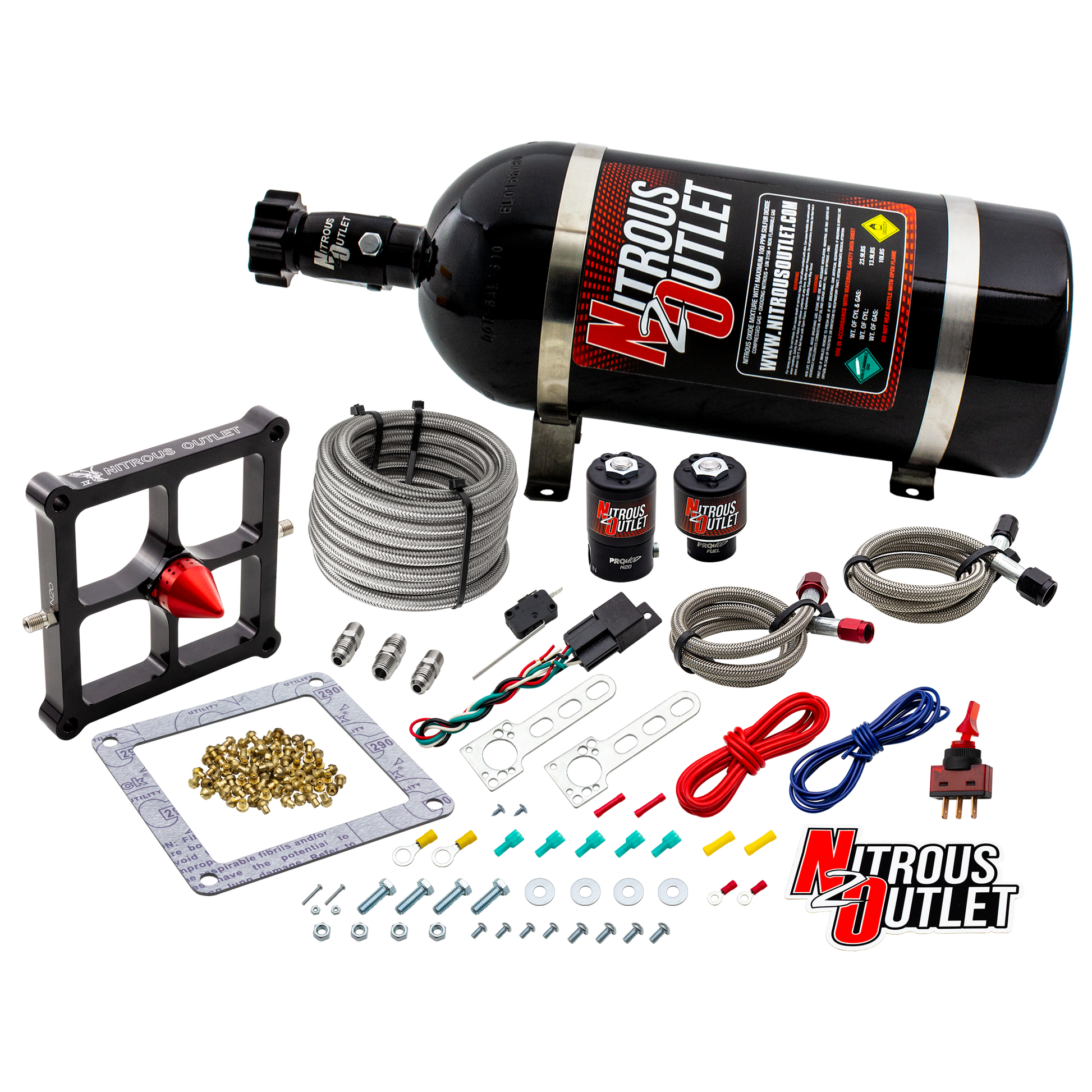 Nitrous Outlet 4500 Stinger 4 System - Braided Hoses/.122 Nitrous Solenoid/.177 Fuel Solenoid/Universal Solenoid Brackets - (Gas/E85)(5-55 psi)(50-500 HP)(12lb Bottle)