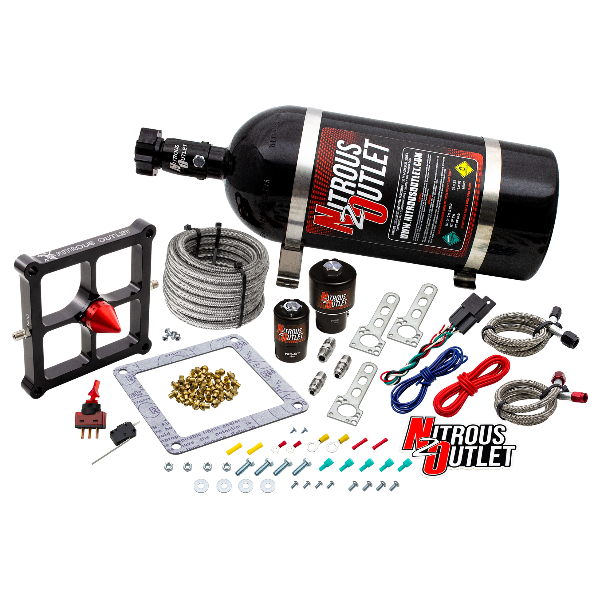 Nitrous Outlet 4500 Stinger 4 Race System - Braided Hoses/.178 Trashcan Nitrous Solenoid/.310 Fuel Solenoid/Universal Solenoid Brackets - (Gas/E85)(5-55 psi)(50-600 HP)(No Bottle)