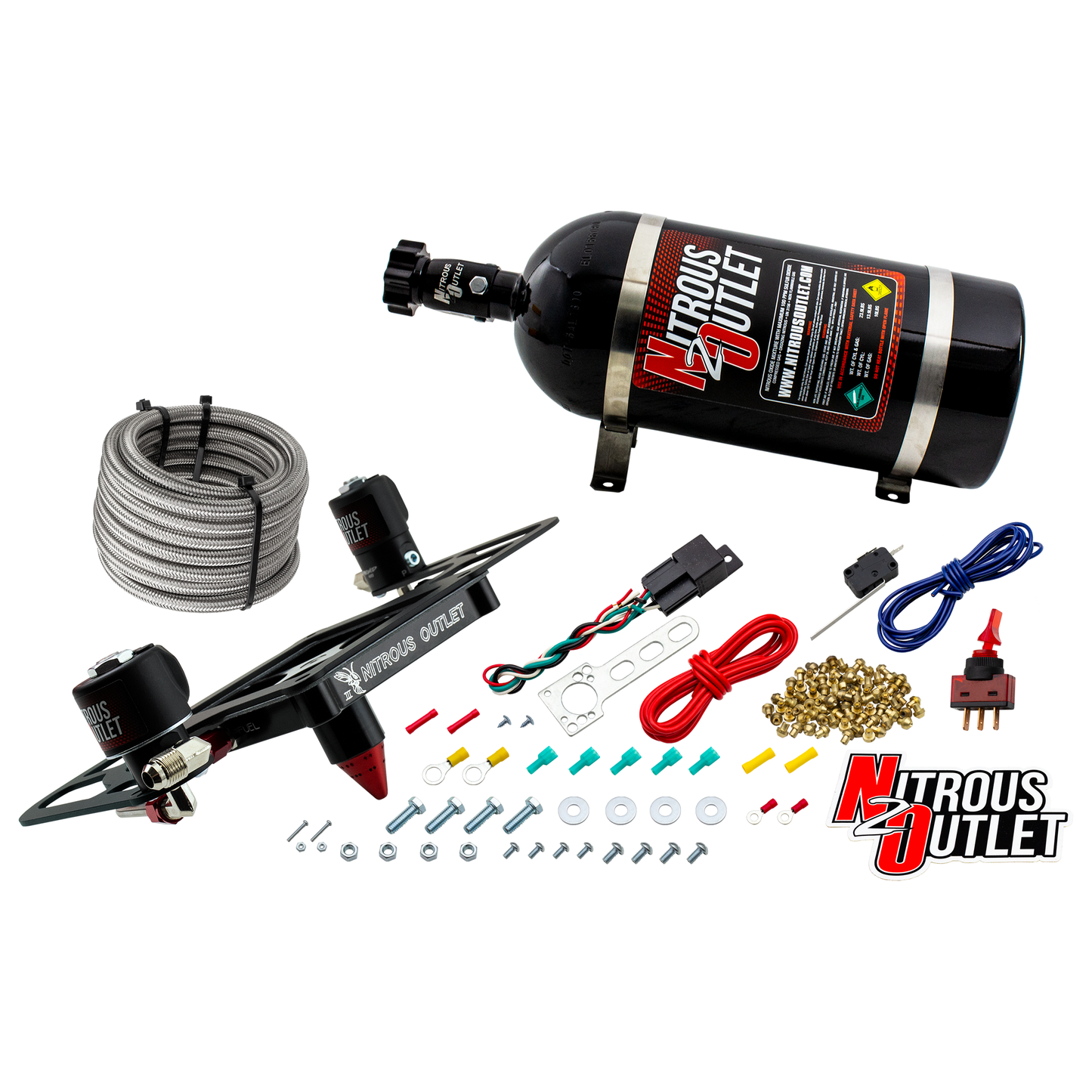 Nitrous Outlet 4500 Stinger 3 System - Hard-line/.122 Nitrous Solenoid/.177 Fuel Solenoid/Boomerang Solenoid Bracket - (Gas/E85)(5-55 psi)(50-500 HP)(15lb Bottle)