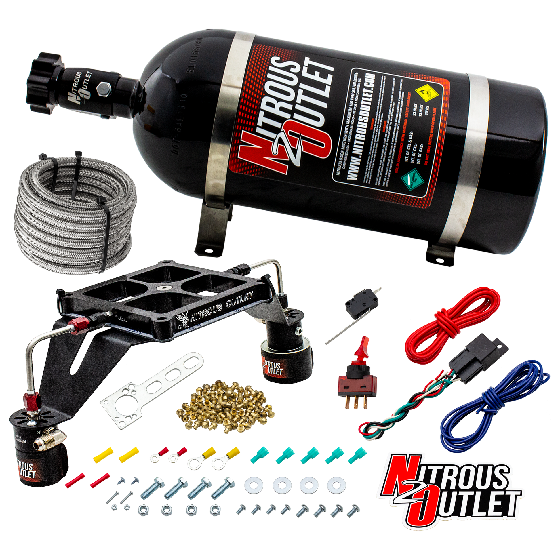 Nitrous Outlet 4500 Stinger 4 Race System - Hard-line/.178 Trashcan Nitrous Solenoid/.310 Fuel Solenoid/Deep Break Solenoid Bracket/Solenoids Mount Upside Down - (Gas/E85)(5-55 psi)(50-600 HP)(12lb Bottle)