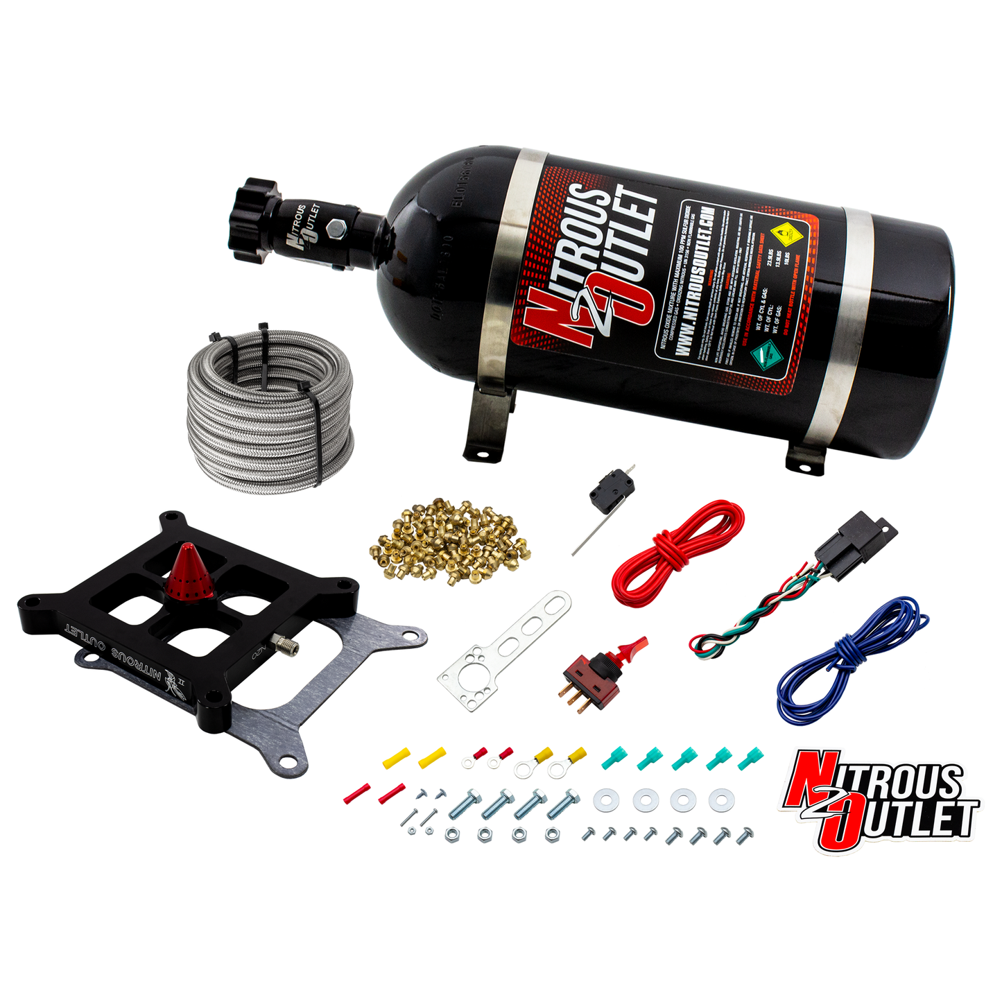 Nitrous Outlet 4150 Stinger 2 Dry Race System - Braided Hoses/.178 Trashcan Nitrous Solenoid/Universal Solenoid Bracket - (50-600 HP)(15lb Bottle)