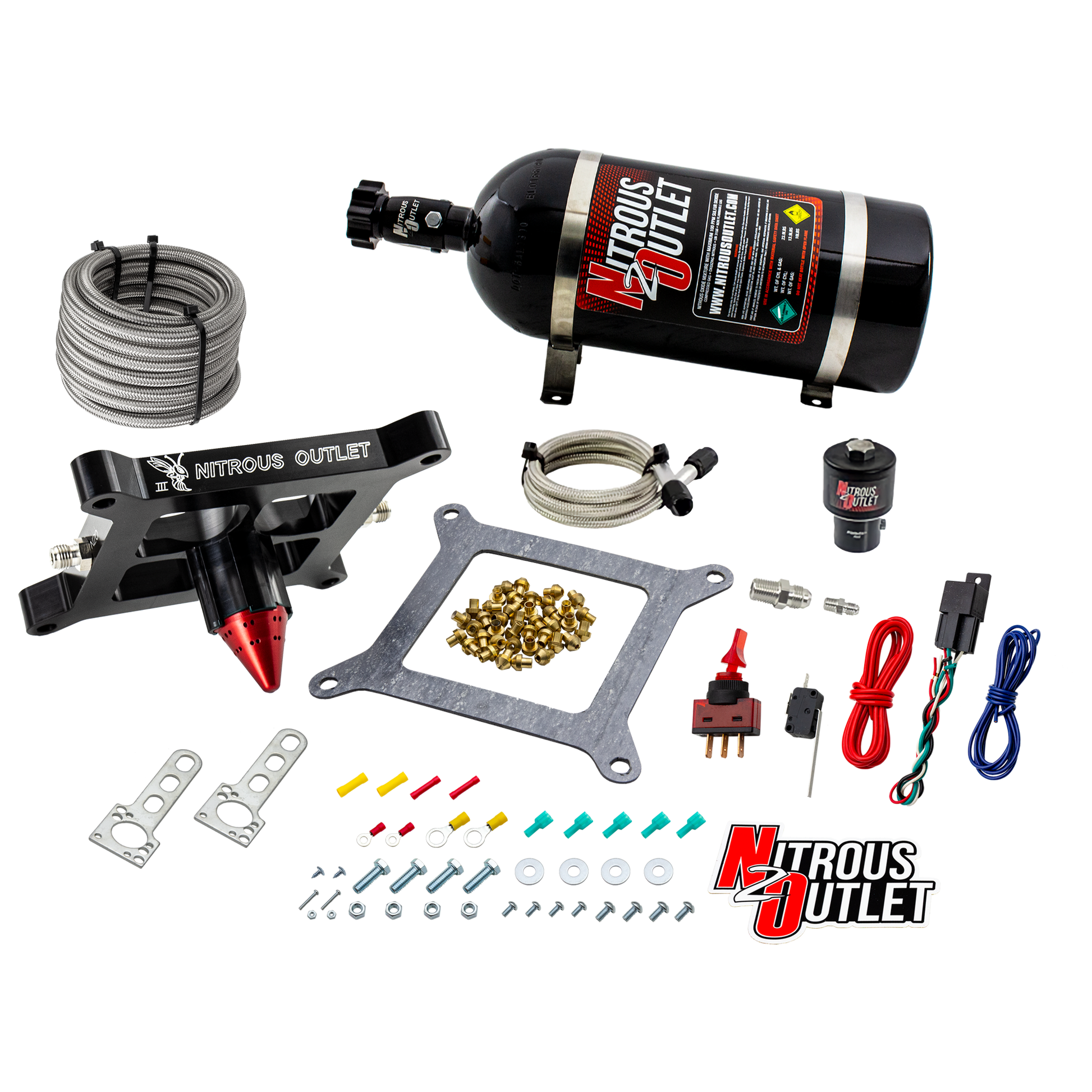 Nitrous Outlet 4150 Stinger 3 Dry Race System - Braided Hoses/.178 Trashcan Nitrous Solenoid/Universal Solenoid Bracket - (50-600 HP)(15lb Bottle)