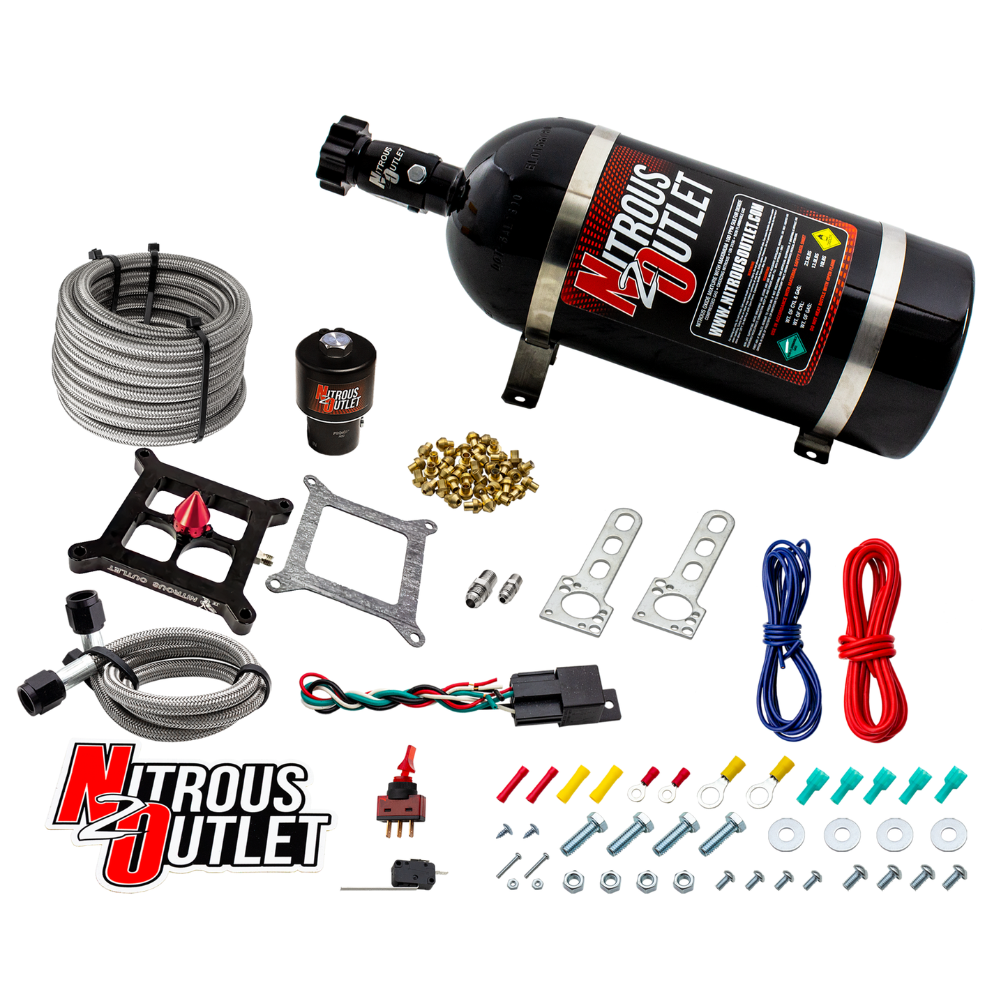 Nitrous Outlet 4150 Stinger 4 Dry Race System - Braided Hoses/.178 Trashcan Nitrous Solenoid/Universal Solenoid Bracket - (50-600 HP)(No Bottle)
