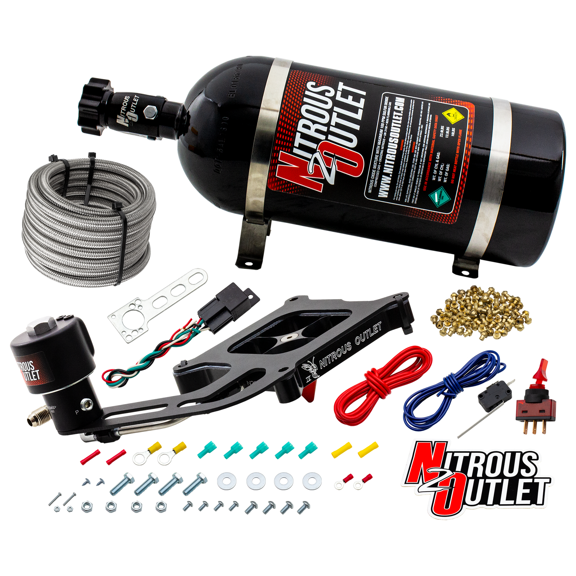Nitrous Outlet 4150 Stinger 4 Dry Race System - Hard-line/.178 Trashcan Nitrous Solenoid/Boomerang Solenoid Bracket - (50-600 HP)(15lb Bottle)