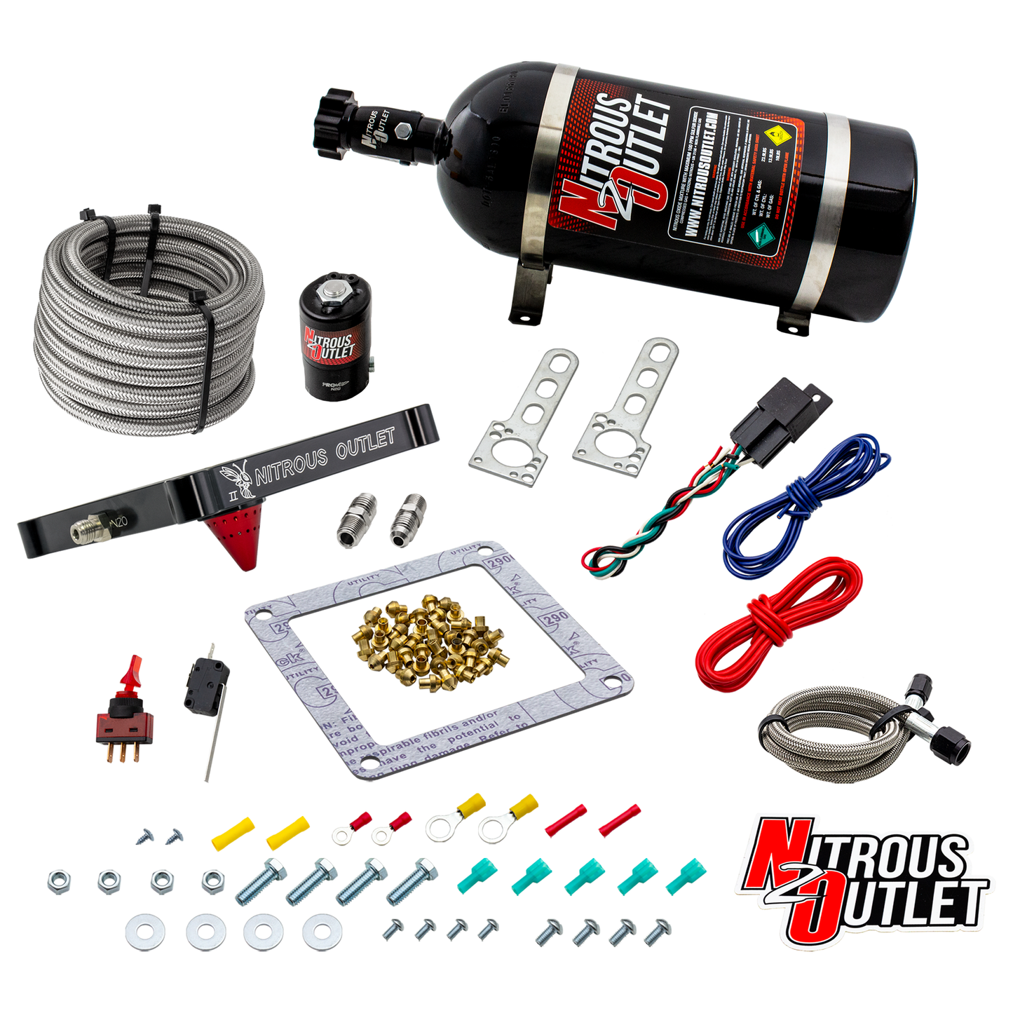 Nitrous Outlet 4500 Stinger 2 Dry System - Braided Hoses/.122 Nitrous Solenoid/Universal Solenoid Bracket - (50-500 HP)(15lb Bottle)