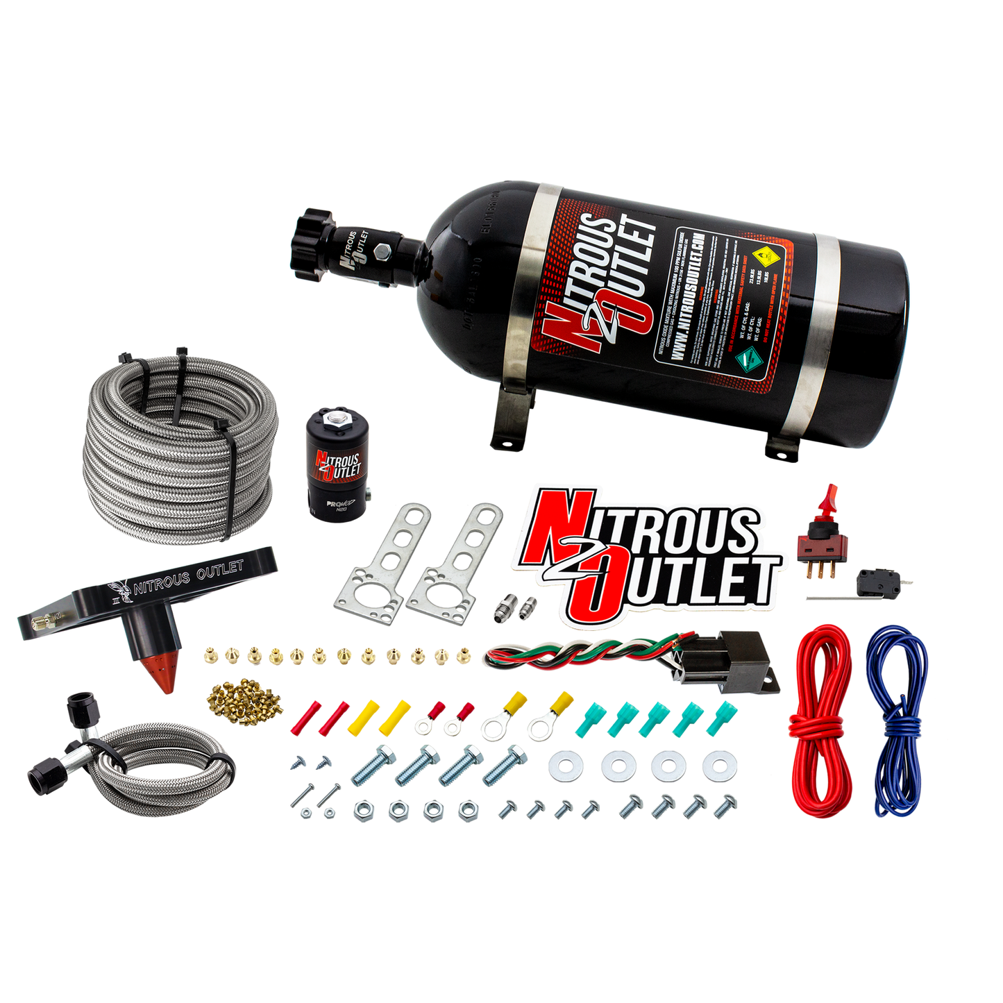 Nitrous Outlet 4500 Stinger 3 Dry System - Braided Hoses/.122 Nitrous Solenoid/Universal Solenoid Bracket - (50-500 HP)(12lb Bottle)