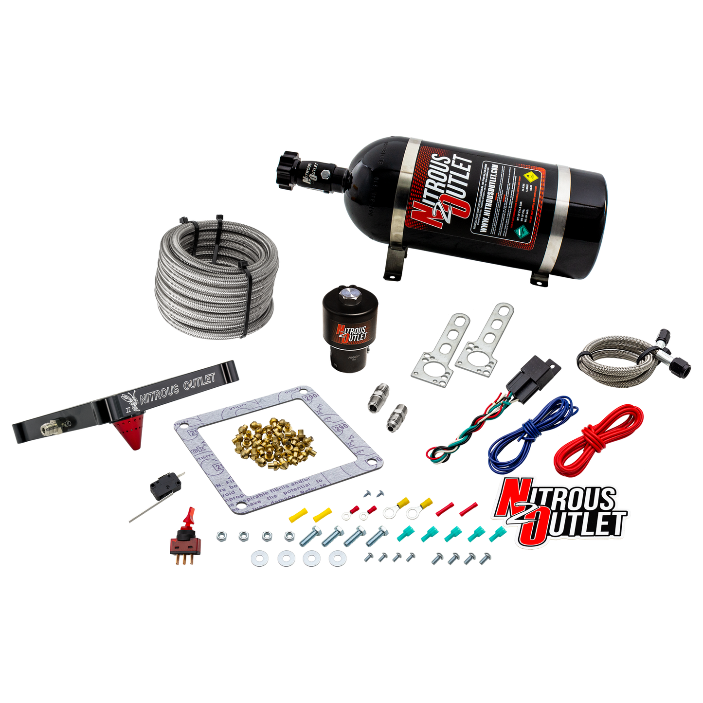 Nitrous Outlet 4500 Stinger 2 Dry Race System - Braided Hoses/.178 Trashcan Nitrous Solenoid/Universal Solenoid Bracket - (50-600 HP)(12lb Bottle)