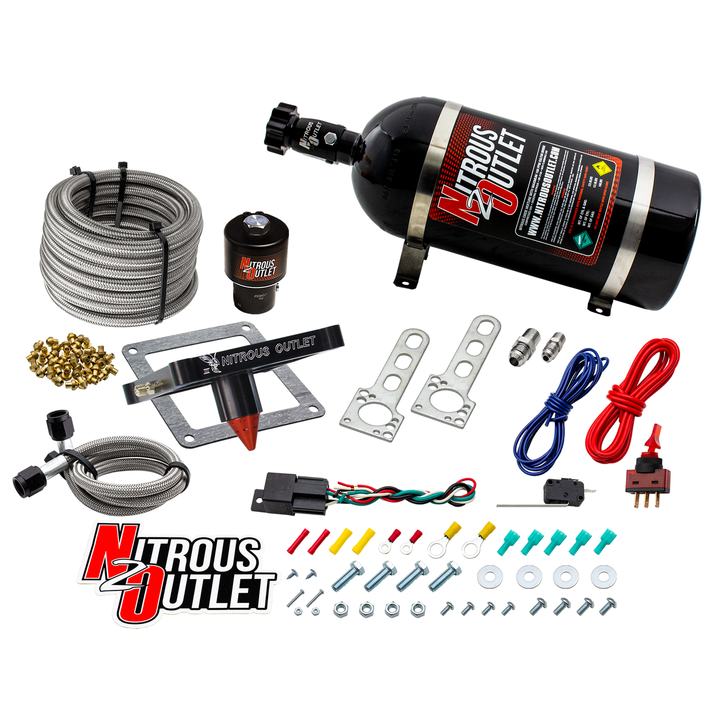 Nitrous Outlet 4500 Stinger 3 Dry Race System - Braided Hoses/.178 Trashcan Nitrous Solenoid/Universal Solenoid Bracket - (50-600 HP)(15lb Bottle)