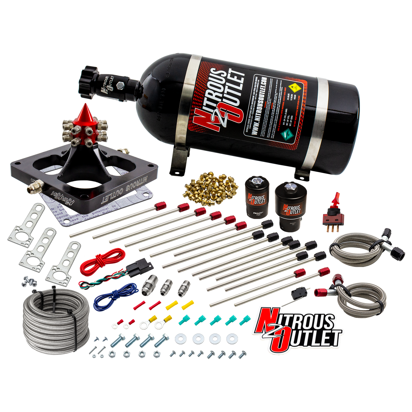 Nitrous Outlet 4500 Kraken Competition System - Braided Hose/.189 Competition Trashcan Nitrous Solenoid/.310 Fuel Solenoid/Universal Solenoid Brackets (Gas/E85)(5-7-10 psi)(200-950 HP)(12lb Bottle)