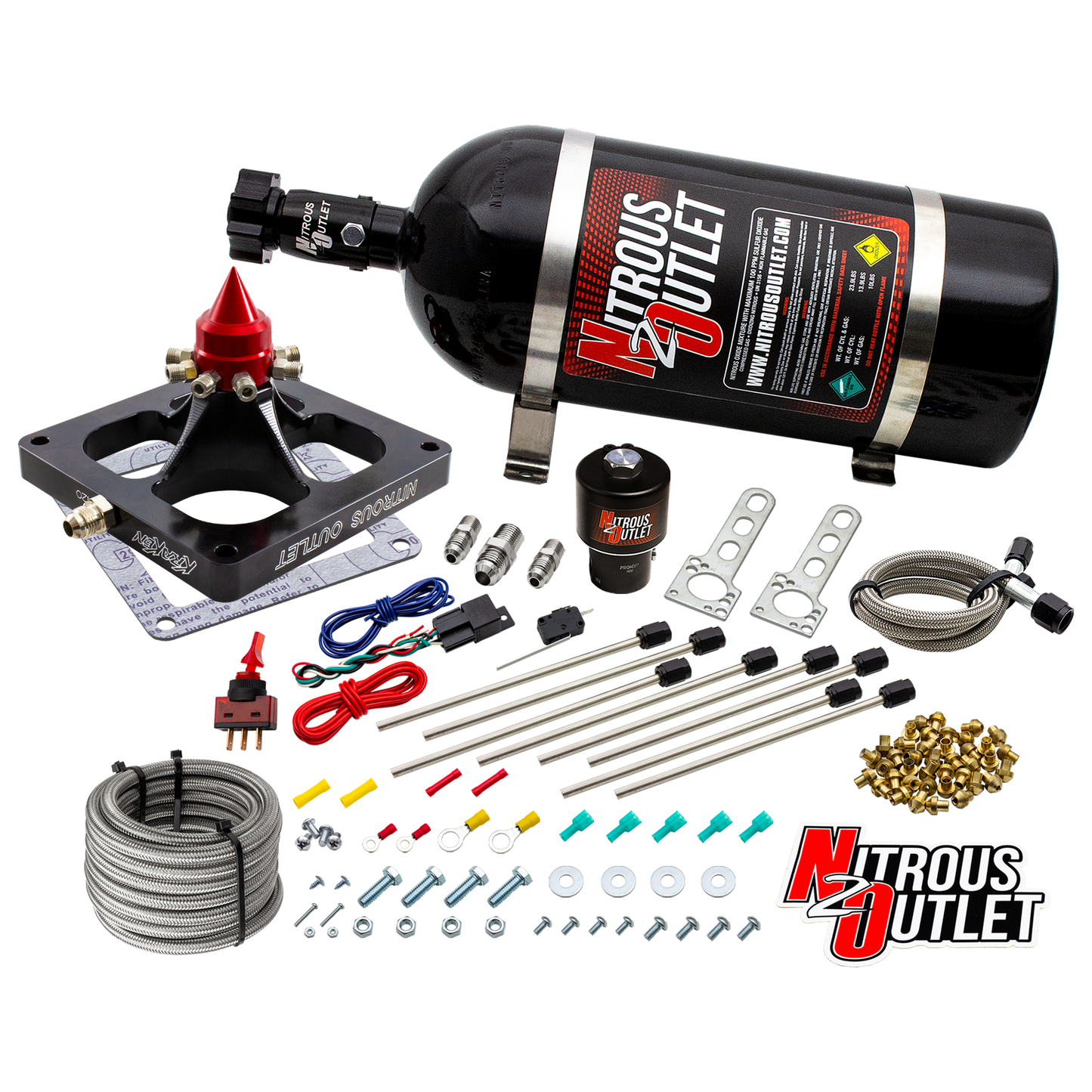 Nitrous Outlet 4500 Dry Kraken Competition Plate System - Braided Hose/.189 Competition Trashcan Nitrous Solenoid/Universal Solenoid Bracket (200-950 HP)(10lb Bottle)
