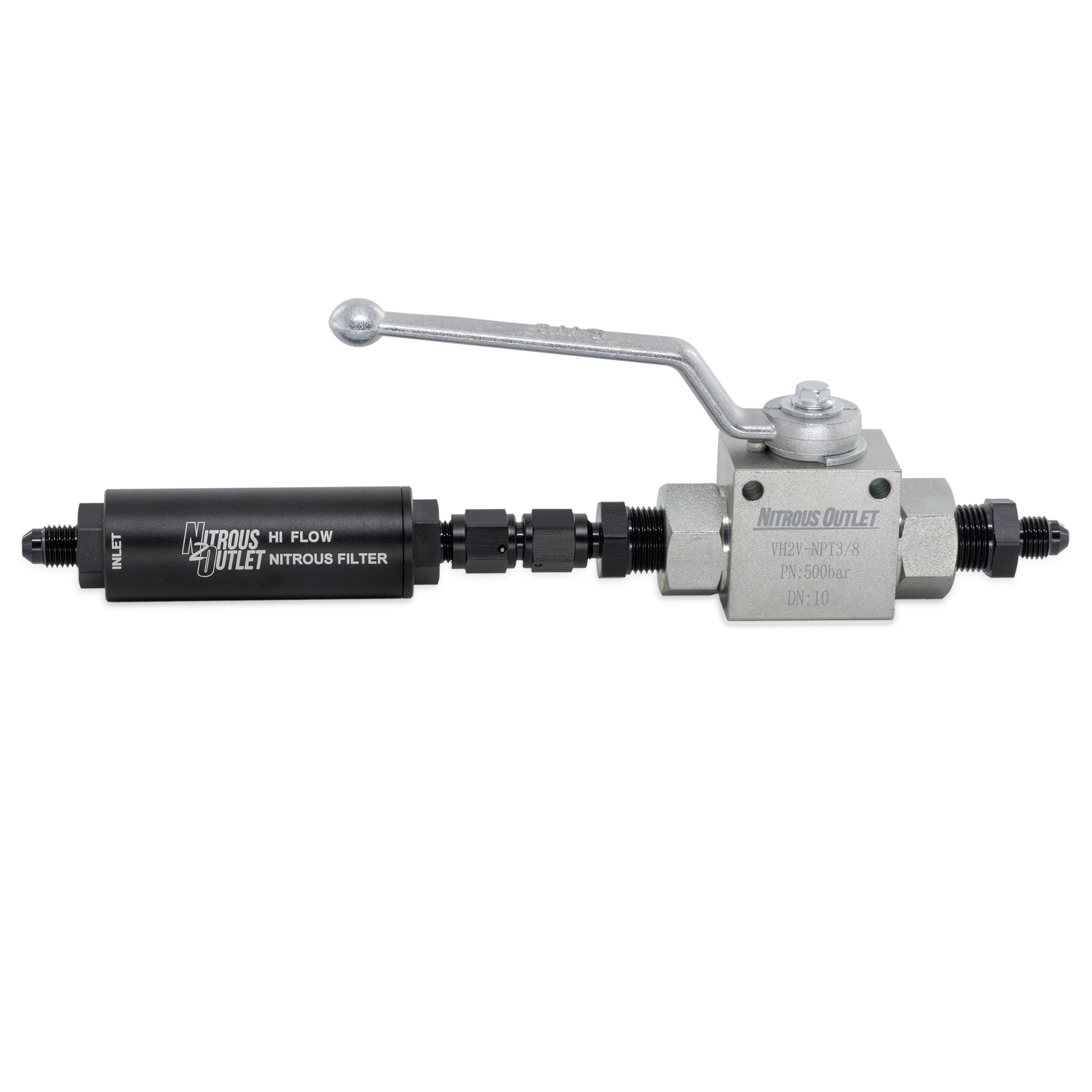 Nitrous Outlet Stainless Steel Inline Shut Off Ball Valve With Filter â€“ 7,250 PSI / 6AN Fittings