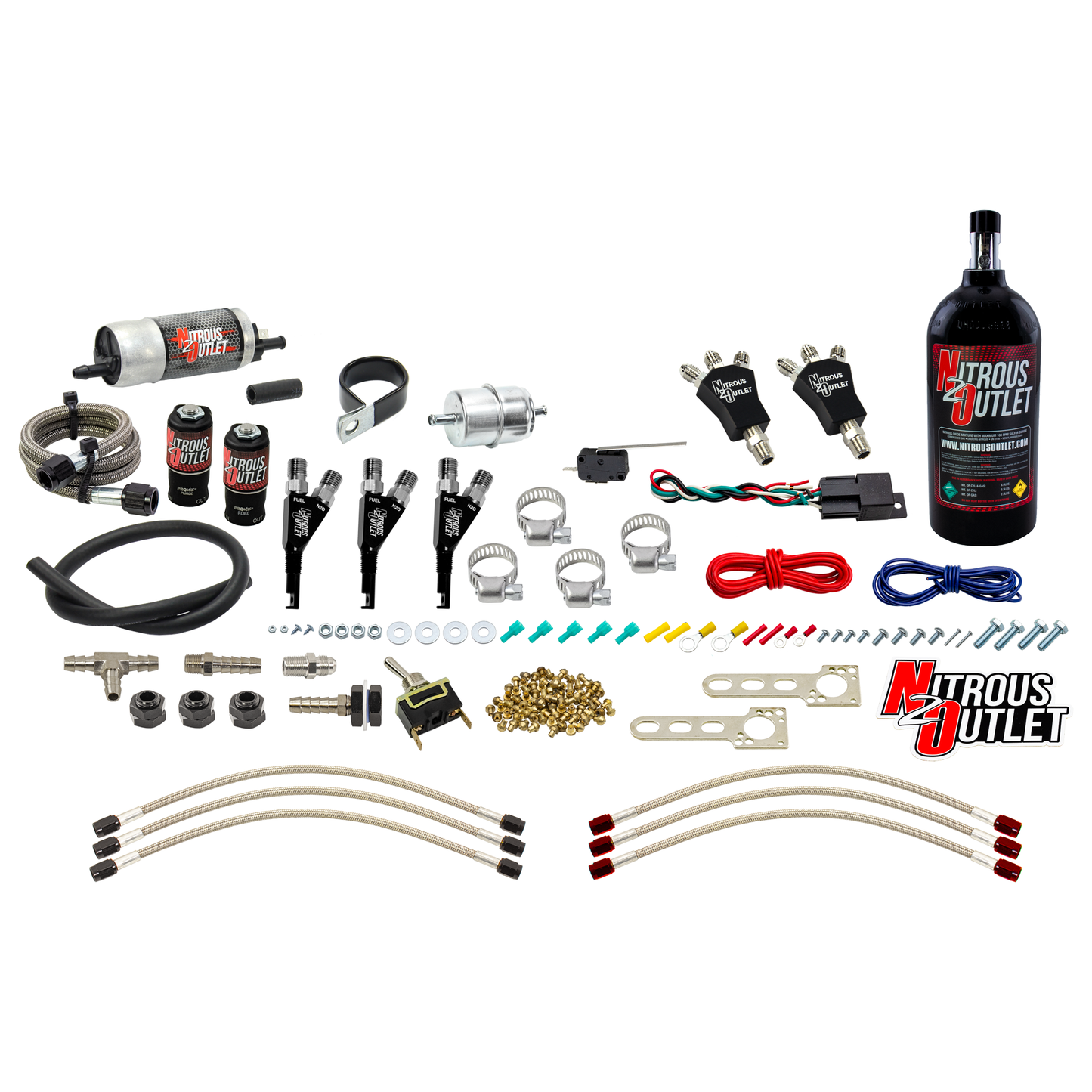 Nitrous Outlet Powersports Three Cylinder Wet Nozzle System (Aluminum 90 Degree Nozzles)(Gas)(6 psi)(30,45,60,75,90 HP)(5LB Bottle)