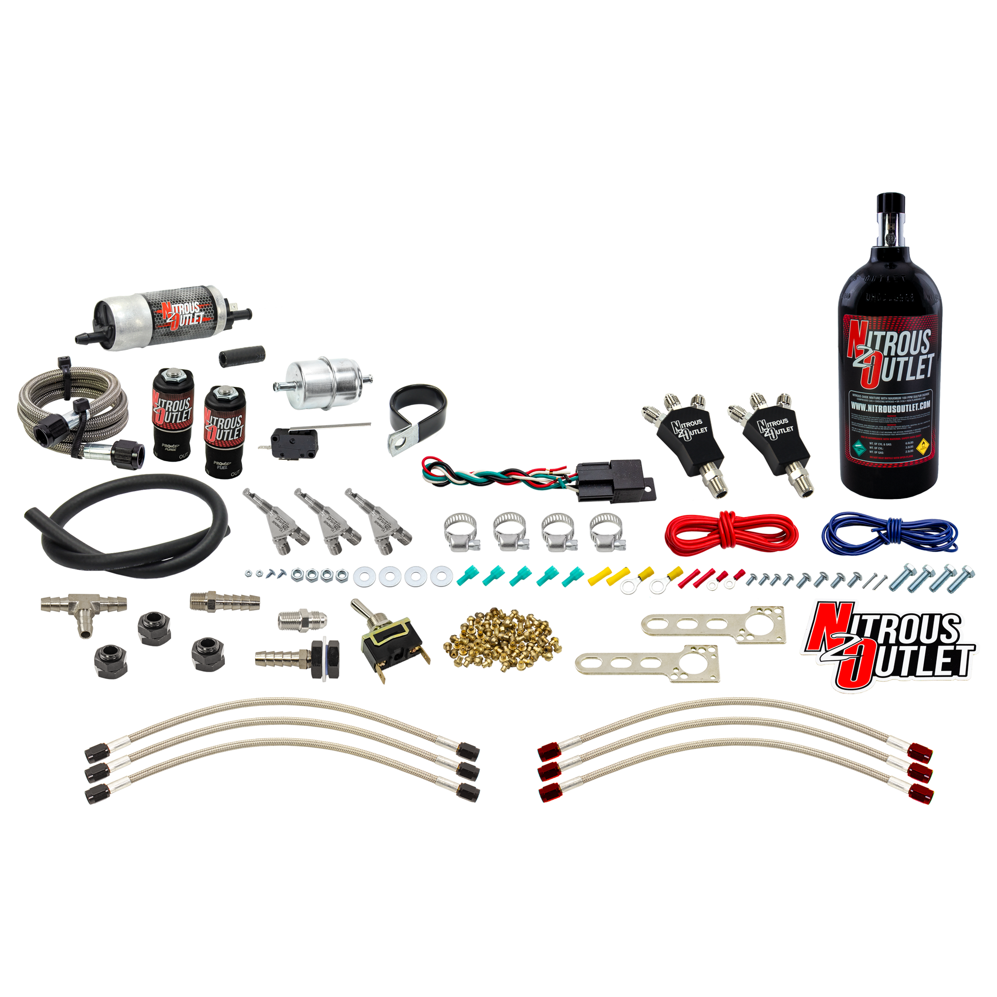 Nitrous Outlet Powersports Three Cylinder Wet Nozzle System (Stainless 90 Degree Nozzles)(Gas)(6 psi)(30,45,60,75,90 HP)(2.5LB Bottle)