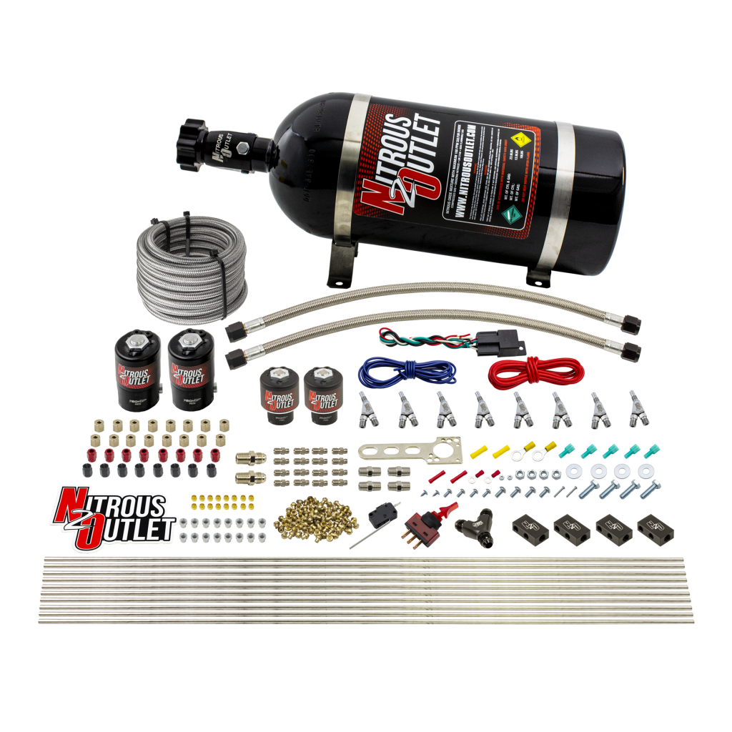 Nitrous Outlet 8 Cylinder Direct Port System - Two .122 Nitrous Solenoids/Two .177 Fuel Solenoids/Compact Distribution Blocks/Compression Fittings/Annular Discharge Nozzles (Alcohol)(5-7-10 psi)(100-400HP)(15lb Bottle)